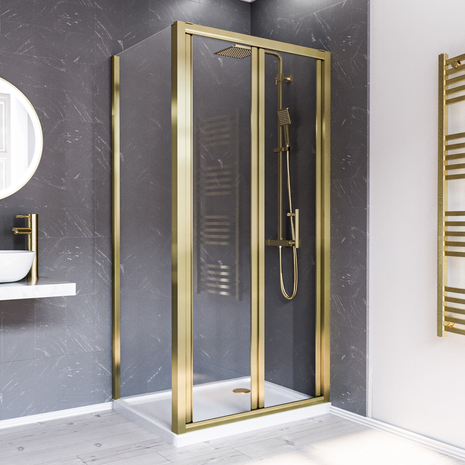 Brushed Brass 900mm Bi-fold Shower Door 760mm Side Panel Tempered Glass With Tray