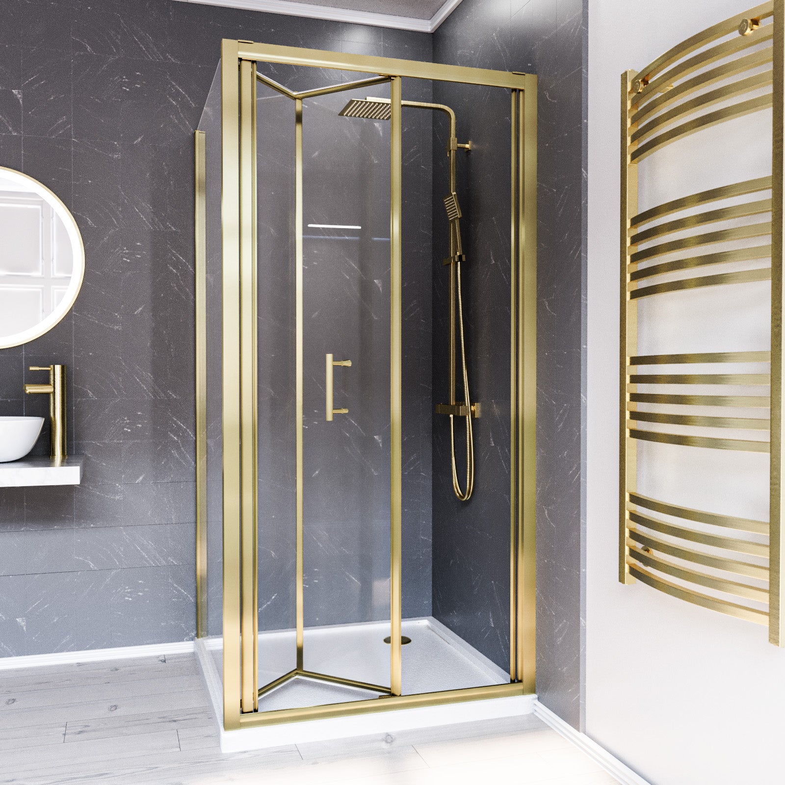 Brushed Brass 900mm Bi-fold Shower Door 800mm Side Panel Tempered Glass With Tray