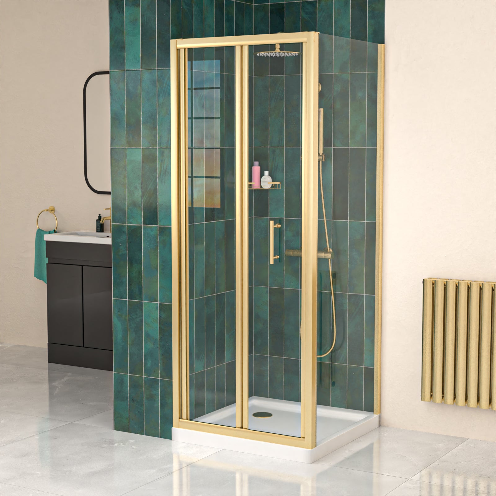 Brushed Brass 760mm Bi-fold Shower Door 700mm Side Panel Tempered Glass
