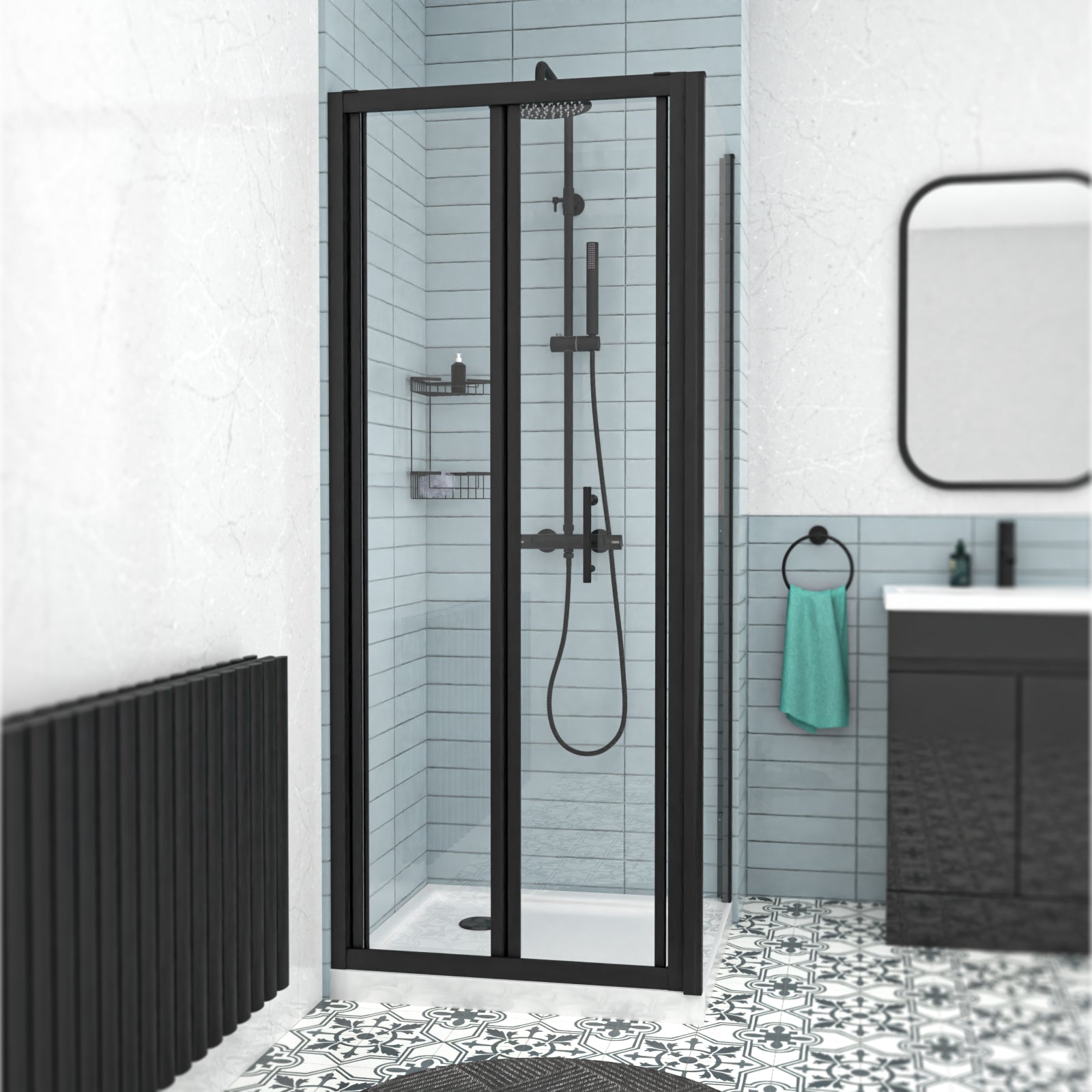 Black 800mm Bi-fold Shower Door, 760mm Side Panel Tempered Glass
