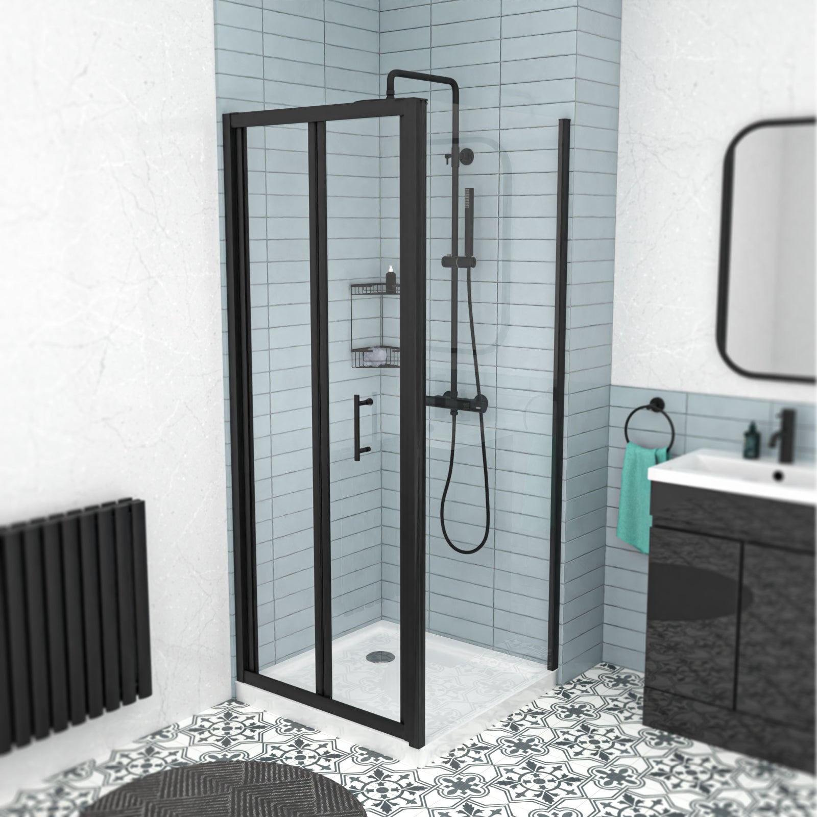 Black 800mm Bi-fold Shower Door, 800mm Side Panel Tempered Glass