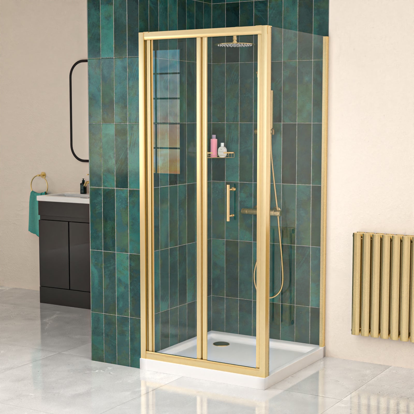 Brushed Brass 800mm Bi-fold Shower Door 800mm Side Panel Tempered Glass With Tray