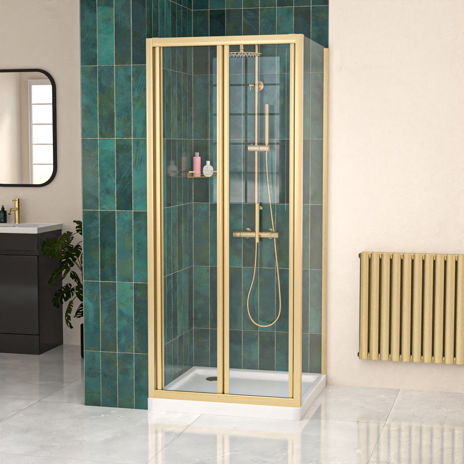 Brushed Brass 800mm Bi-fold Shower Door 800mm Side Panel Tempered Glass With Tray