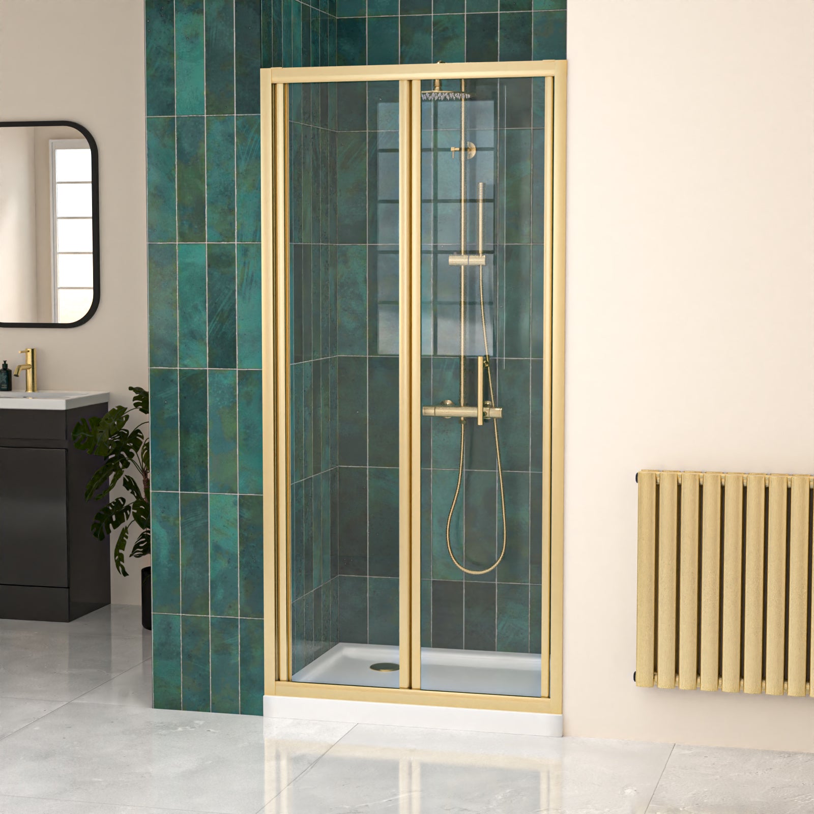 900mm Brushed Brass Bi-fold Shower Door Tempered Glass