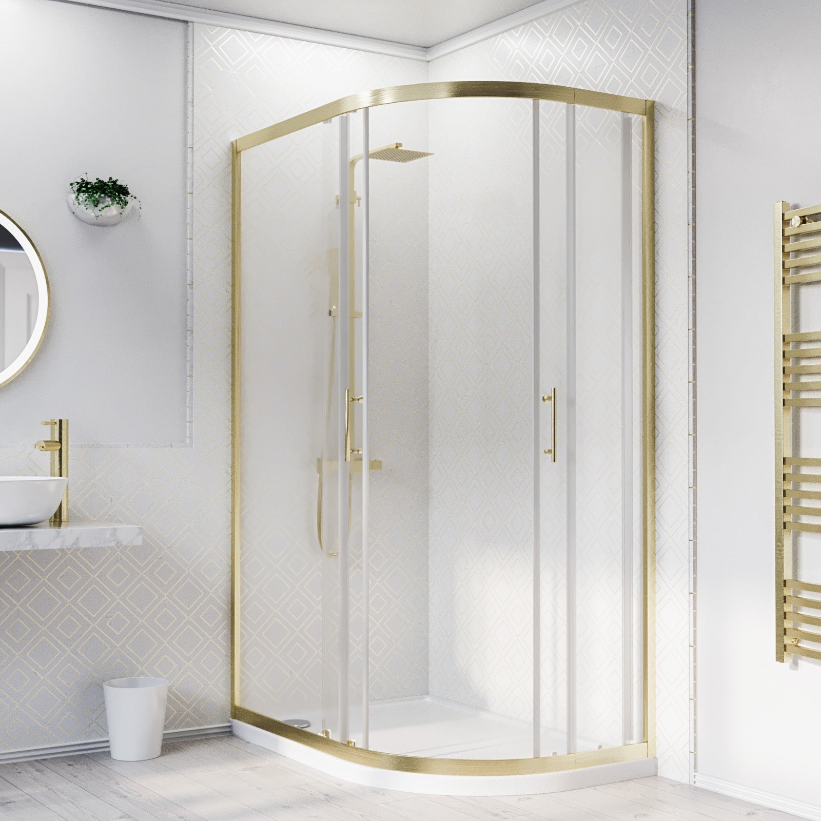 Right Hand 1200 x 900mm Brushed Brass Framed Offset Quadrant Shower Enclosure & Tray