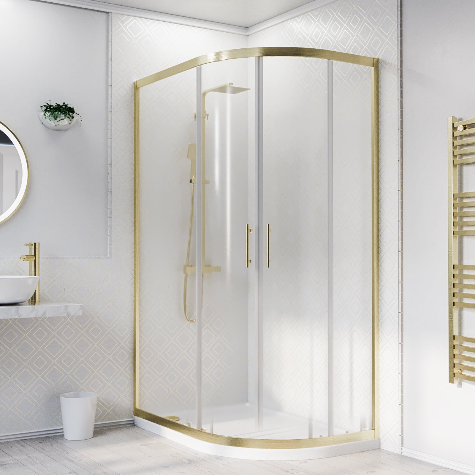 RH 1200 x 900mm Offset Quadrant Shower Enclosure Brushed Brass & Tray