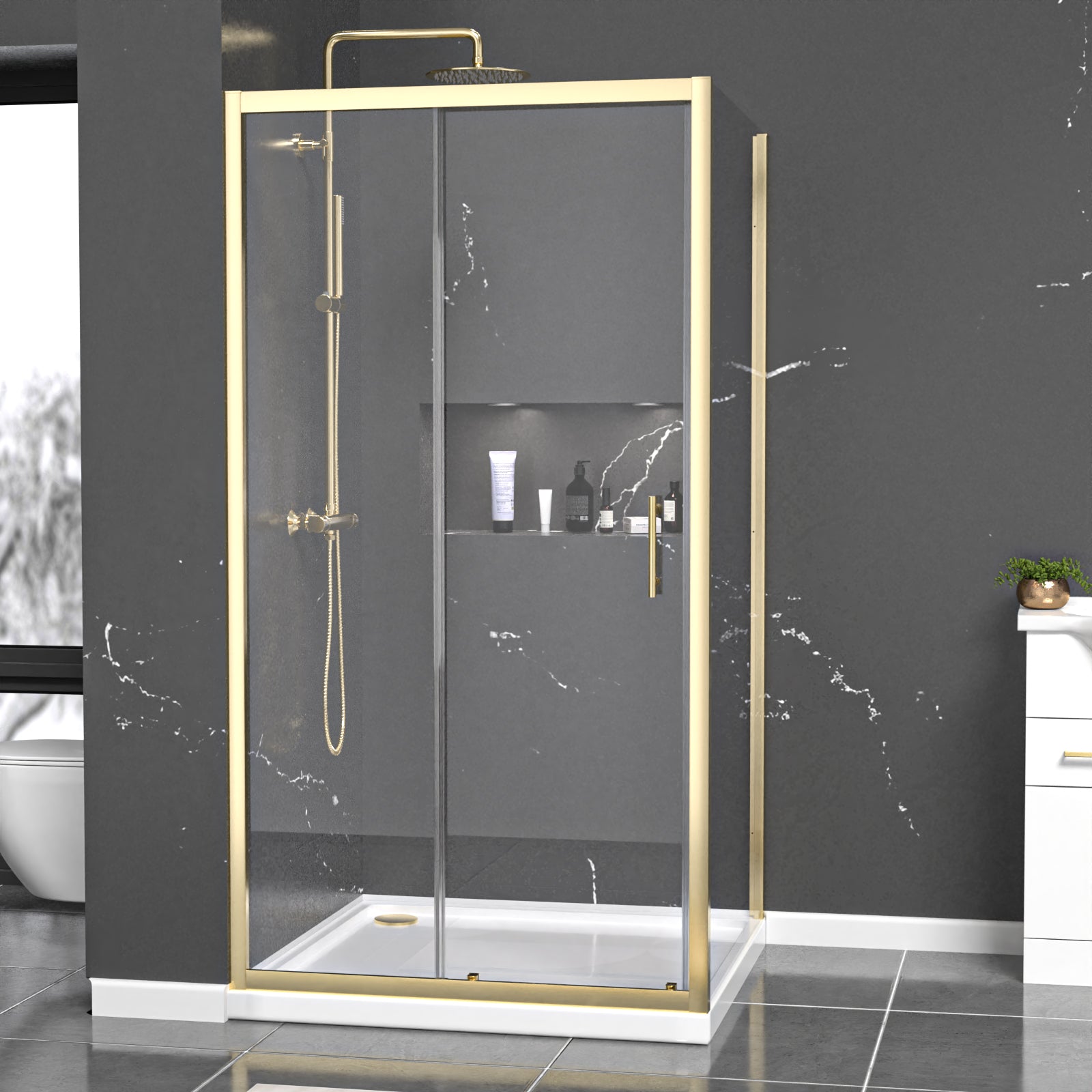 Manga 1000 x 1000mm Brushed Brass Framed Shower Enclosure Sliding Door