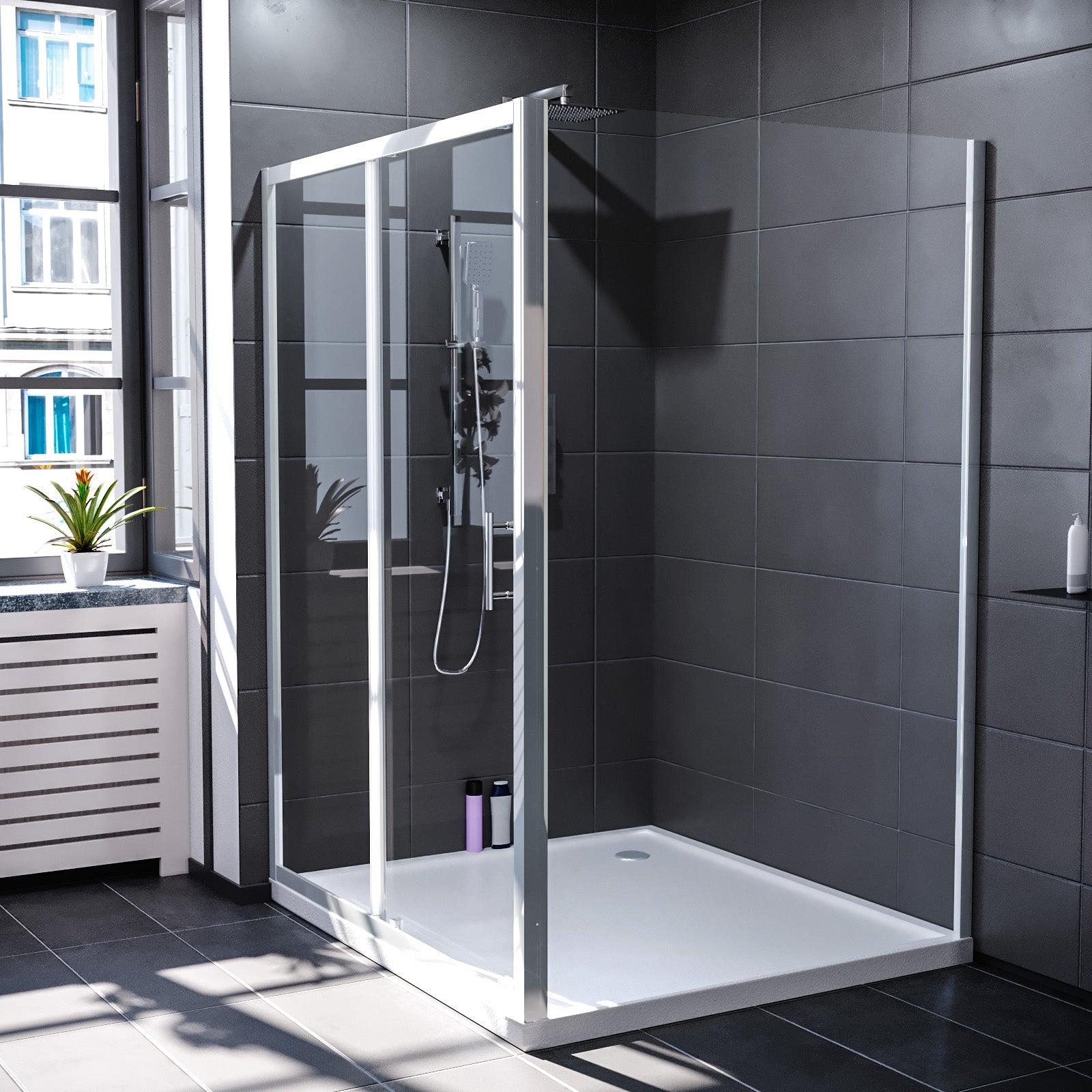 Manga 1000 x 1000mm Shower Enclosure Sliding Door, Panel & Tray Chrome