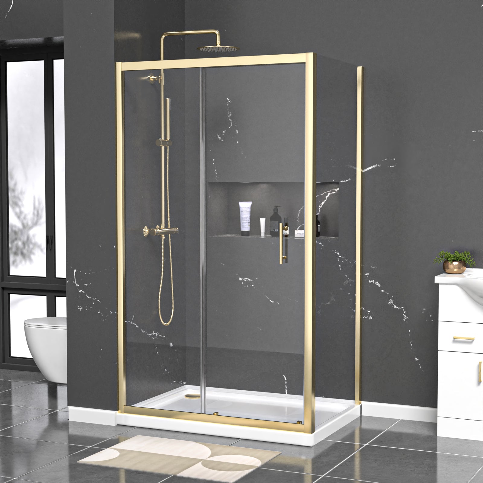 Brushed Brass 1100 x 760mm Shower Enclosure Sliding Door Panel & Tray
