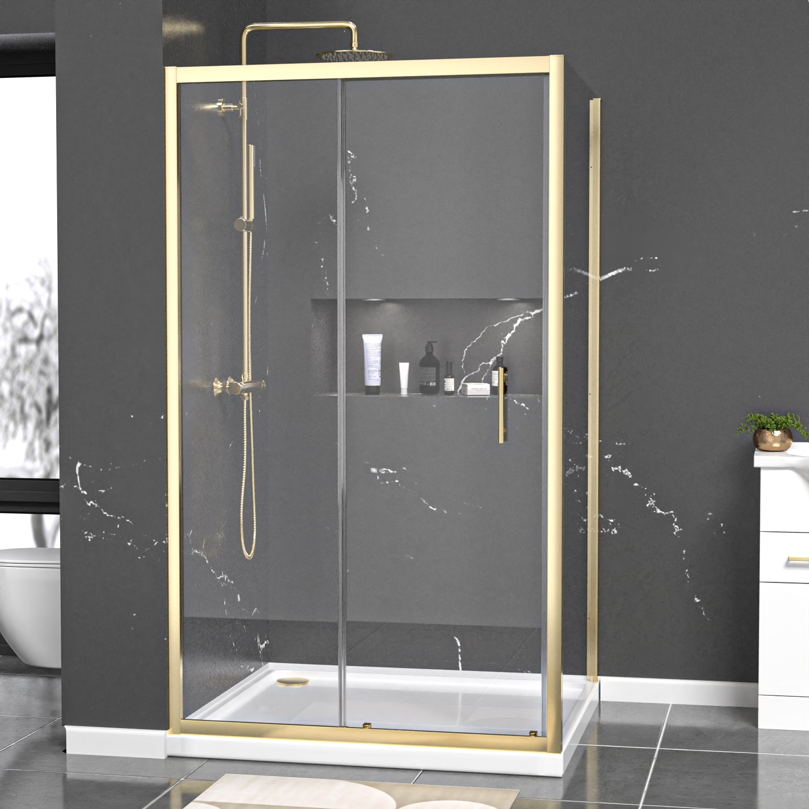 Manga 1100 x 1000mm Shower Enclosure Sliding Door & Side Panel Brushed Brass