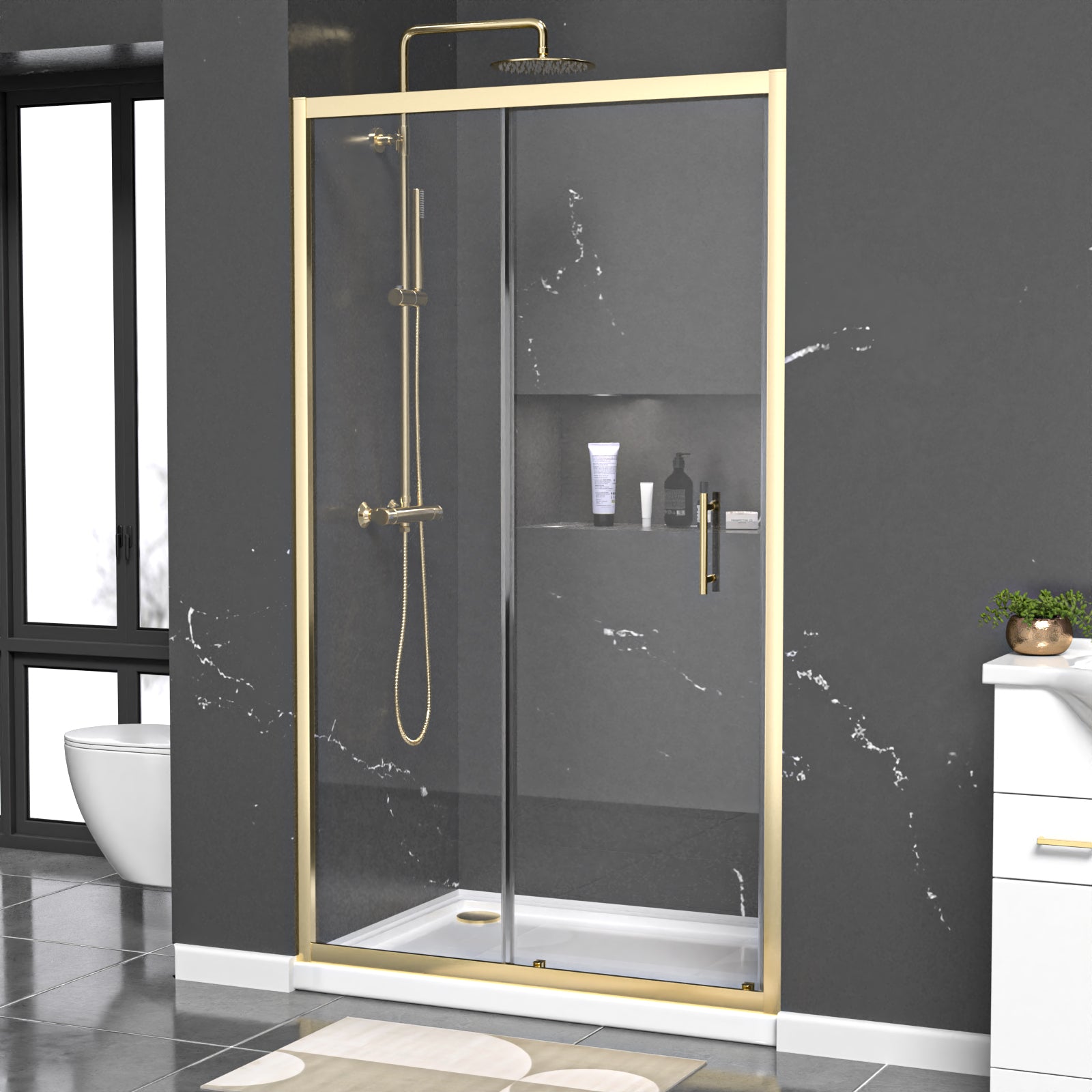 Manga 1100mm x 1850mm Shower Enclosure 6mm Glass Slider Door Brushed Brass