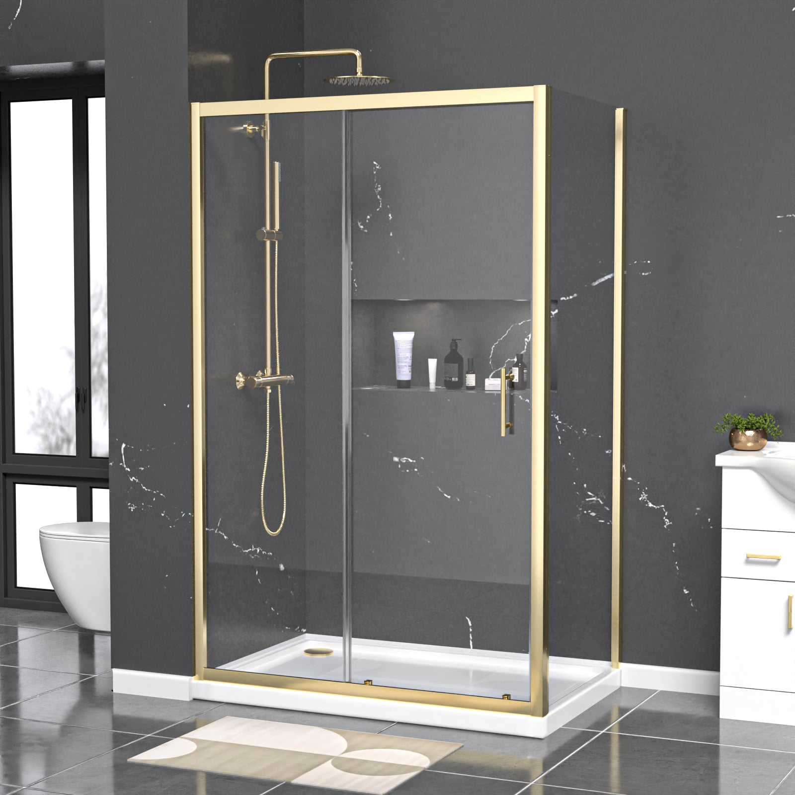 Manga 1200 x 800mm Shower Enclosure Sliding Door, Panel & Tray Brushed Brass