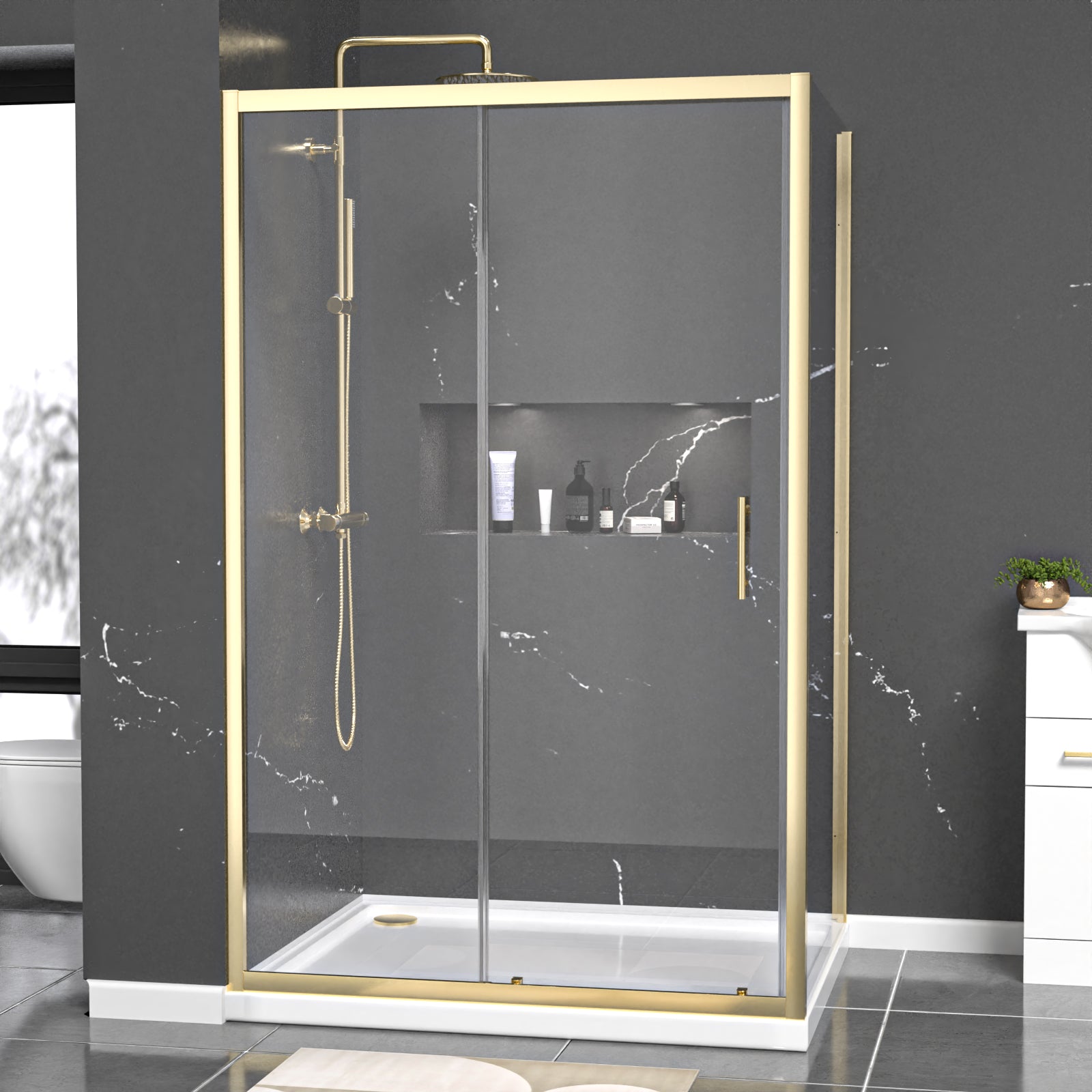 Manga 1200 x 900mm Brushed Brass Framed Shower Enclosure Sliding Door & Side Panel