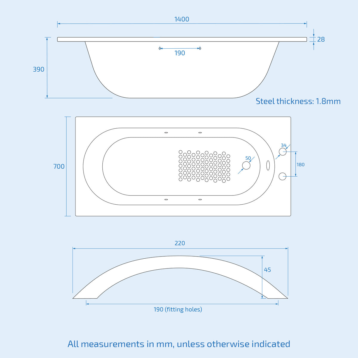 Dylan 1400 x 700mm 2TH Steel Enamel Bath with Chrome Handles & Anti Slip Base