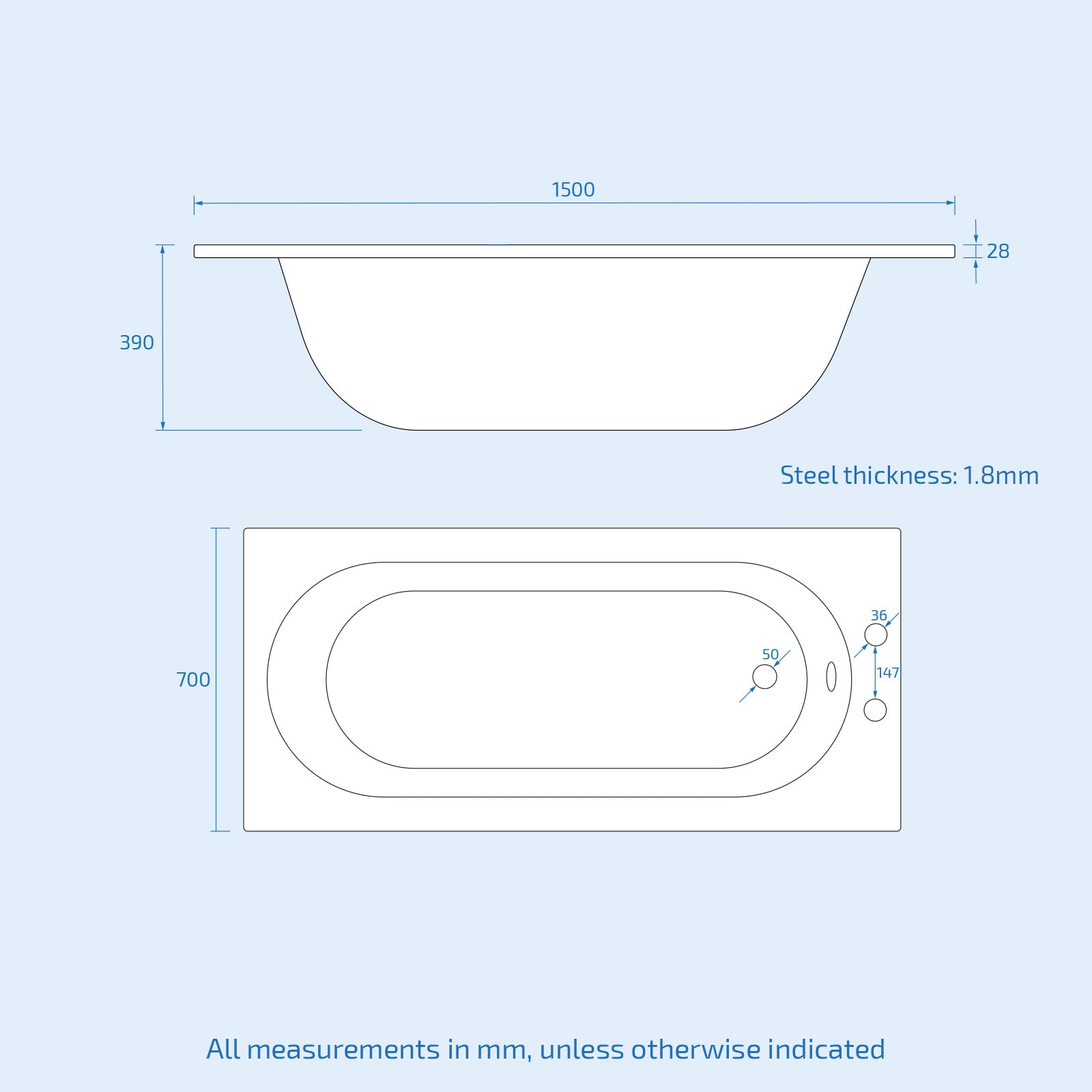 Dylan 1500 x 700mm Steel Enamel Bath, 2 Tap Holes