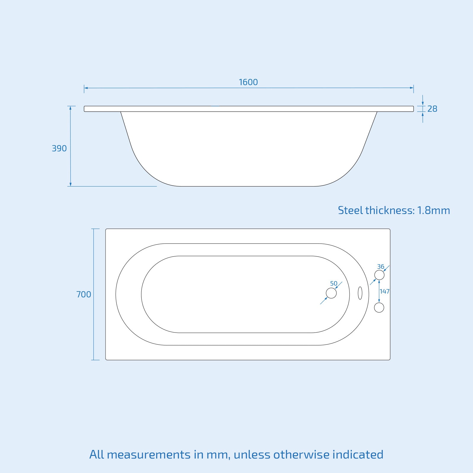 Dylan 1600 x 700mm Steel Enamel Bath, 2 Tap Holes