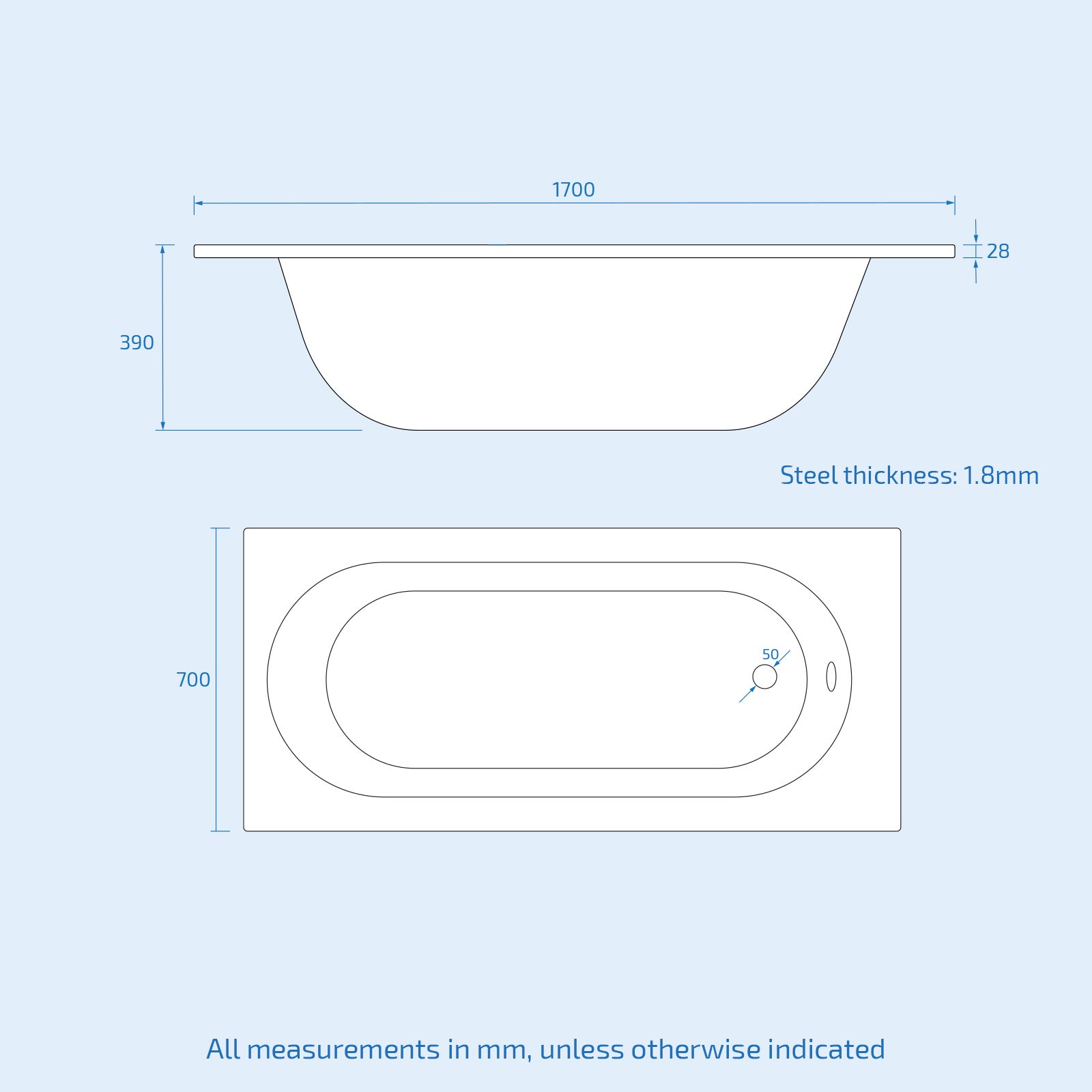 Dylan 1700 x 700mm Steel Enamel 0TH White Round Bath
