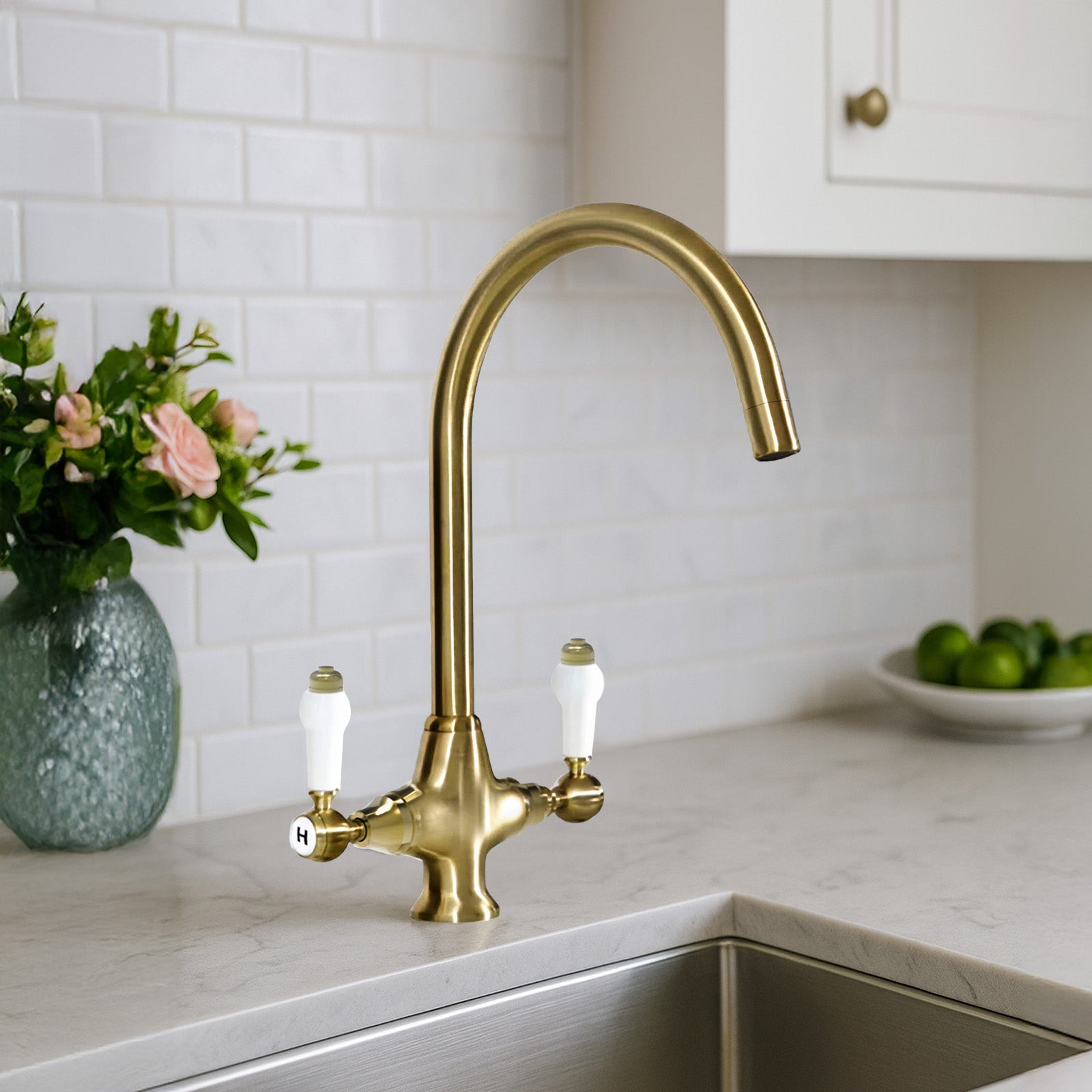 Brushed Brass Traditional Twin Lever Kitchen Mixer