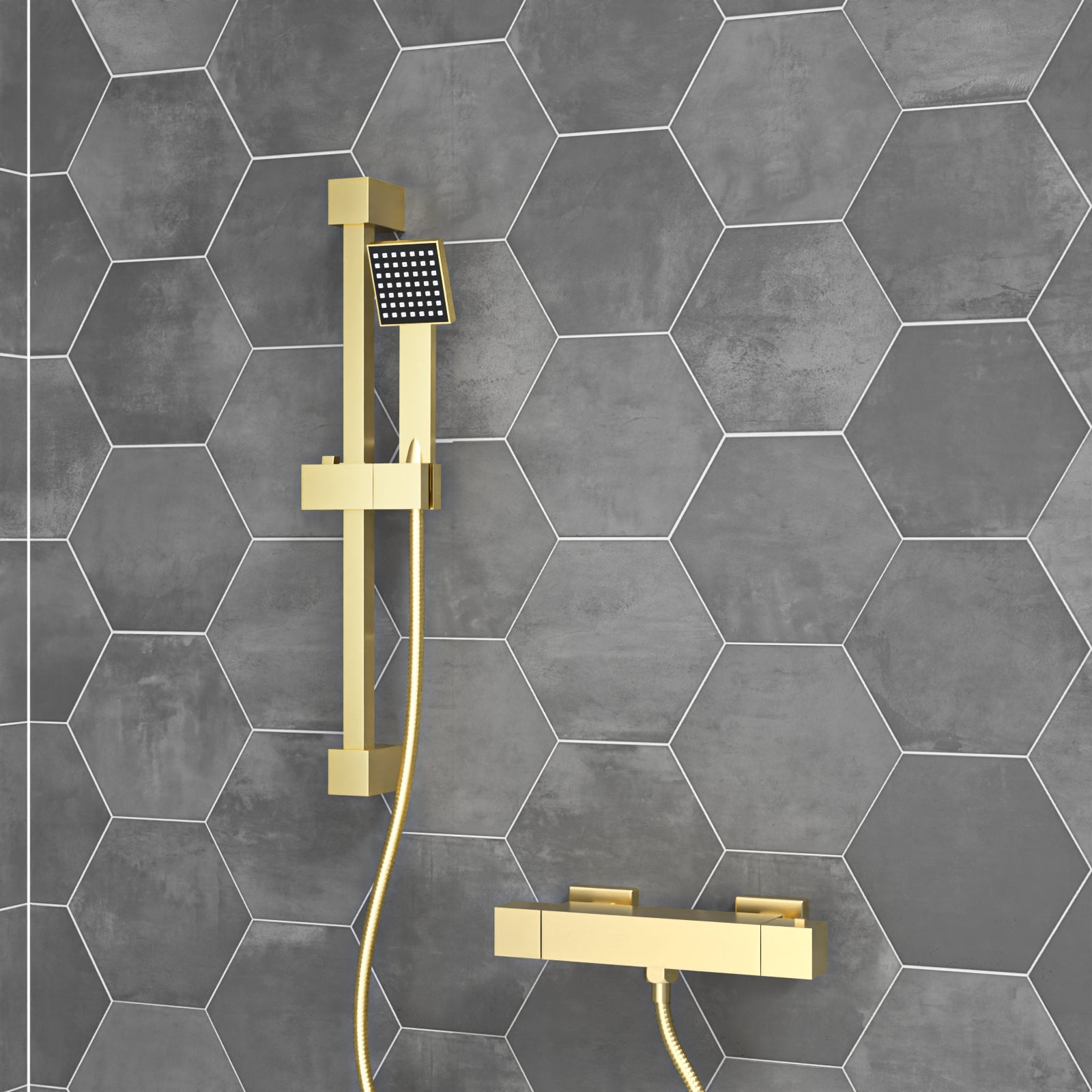 Square Thermostatic Mixer With Slider Rail & Handset Brushed Brass