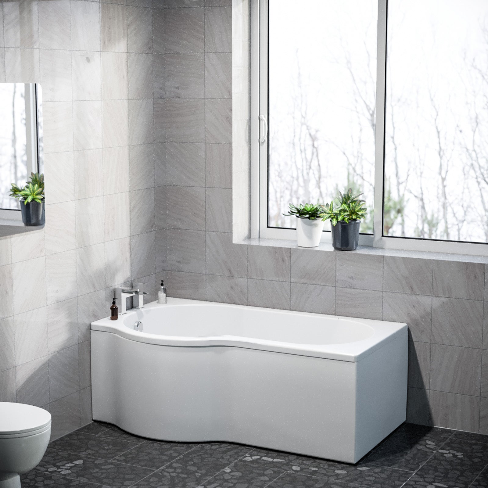P Shaped Left Hand 1500mm Curved Shower Bath Acrylic & Front Panel