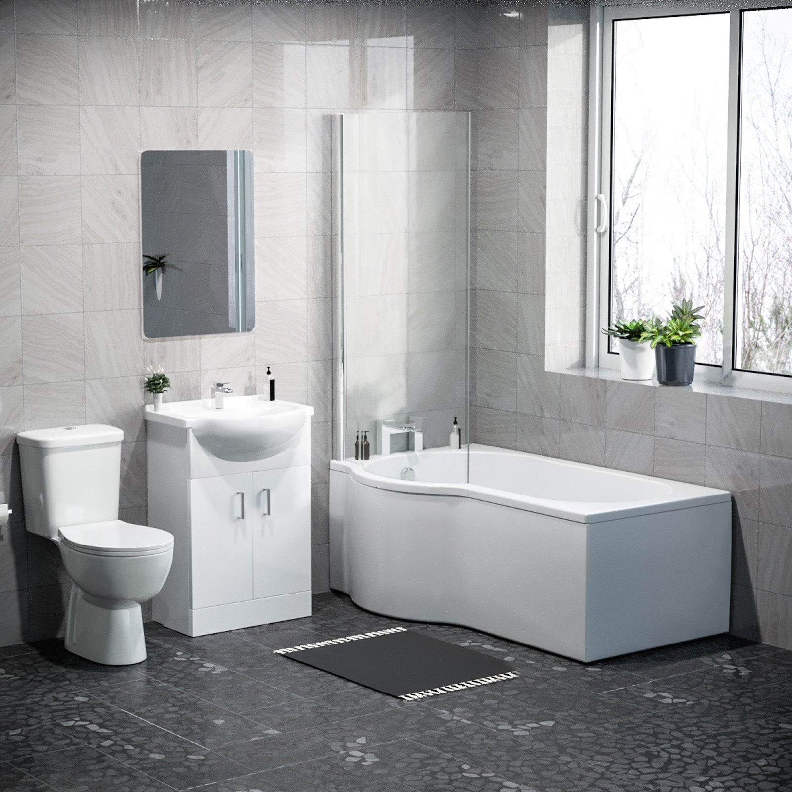 1500mm LH P Shaped Bathroom Suite, Front Panel & Screen With Vanity & Toilet