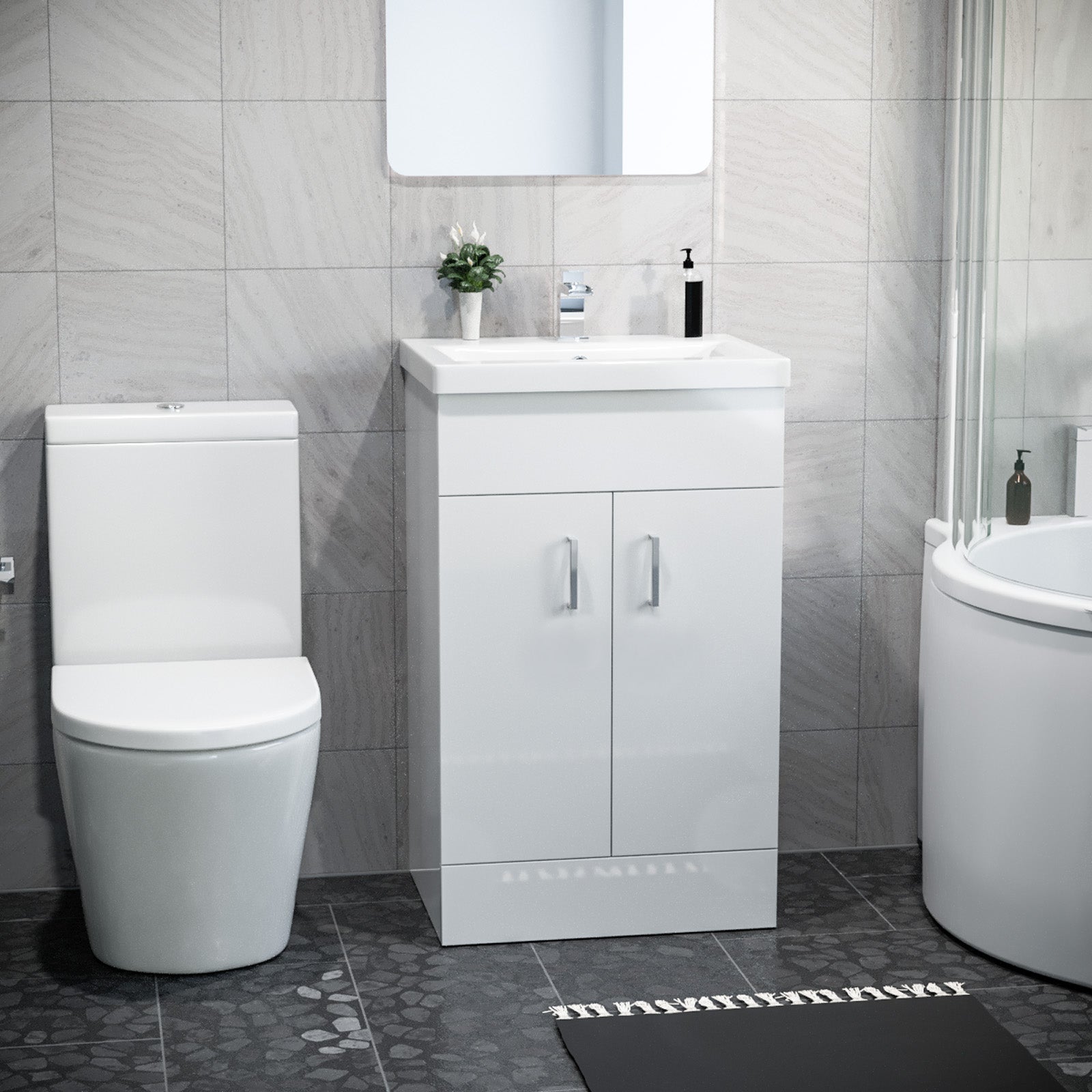 1600mm LH P Shaped Bath, Front Panel, Screen With 500mm Vanity & Toilet