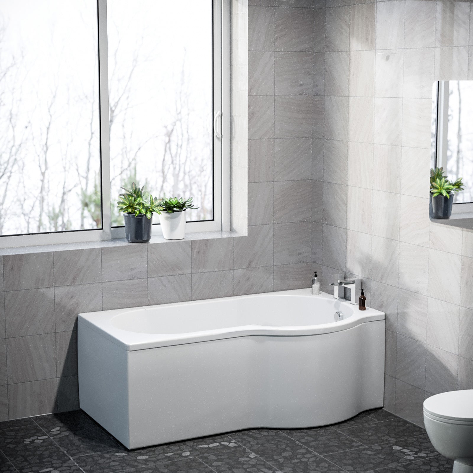 P Shaped Right Hand 1500mm Curved Shower Bath Acrylic & Front Panel