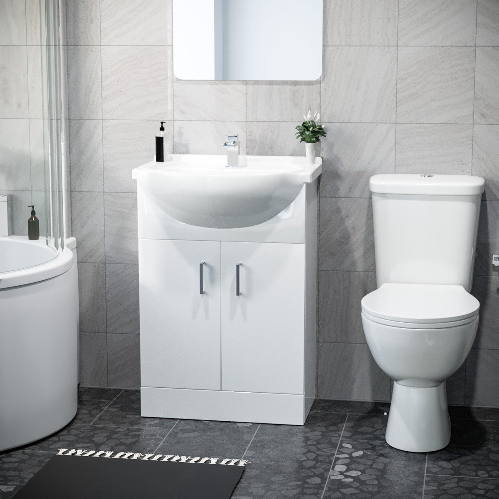 1600mm RH P Shaped Bathroom Suite, Front Panel & Screen With Vanity & Toilet