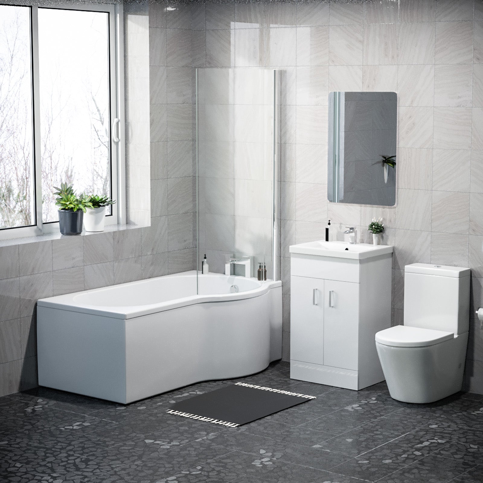 1500mm RH P Shaped Bath, Front Panel, Screen With 500mm Vanity & Toilet