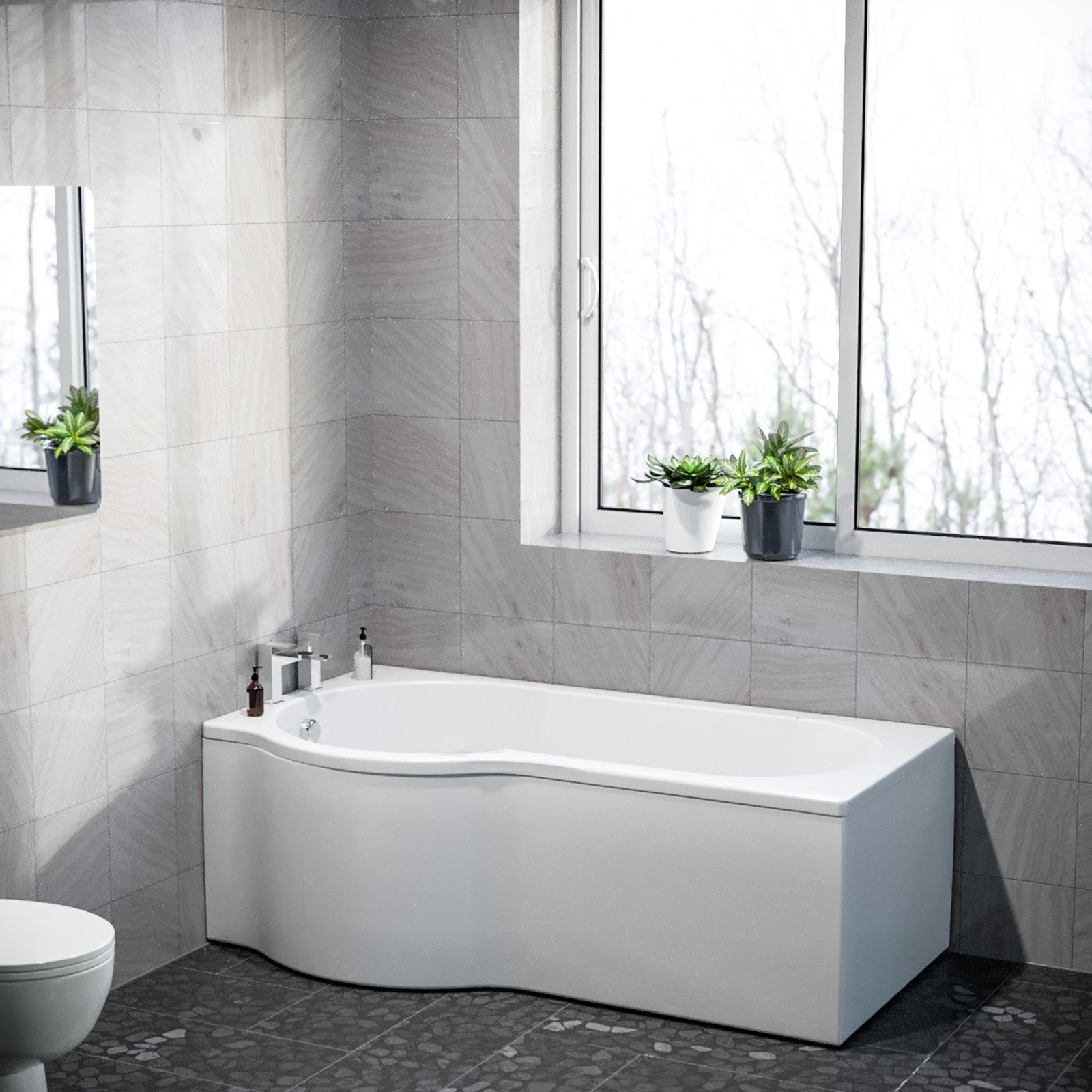 P Shaped Left Hand 1600mm Curved Shower Bath Acrylic & Front Panel