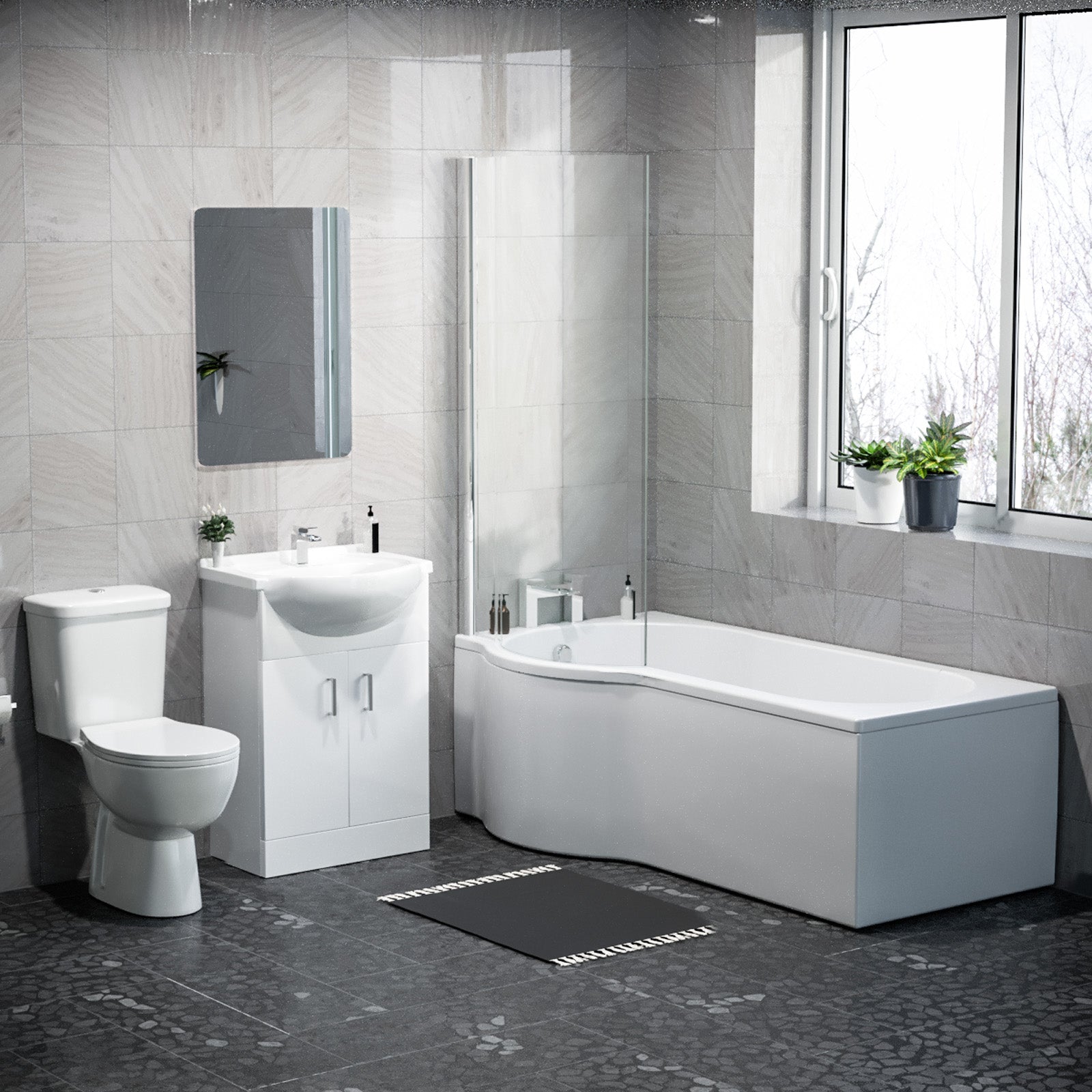 1600mm LH P Shaped Bathroom Suite, Front Panel & Screen With Vanity & Toilet