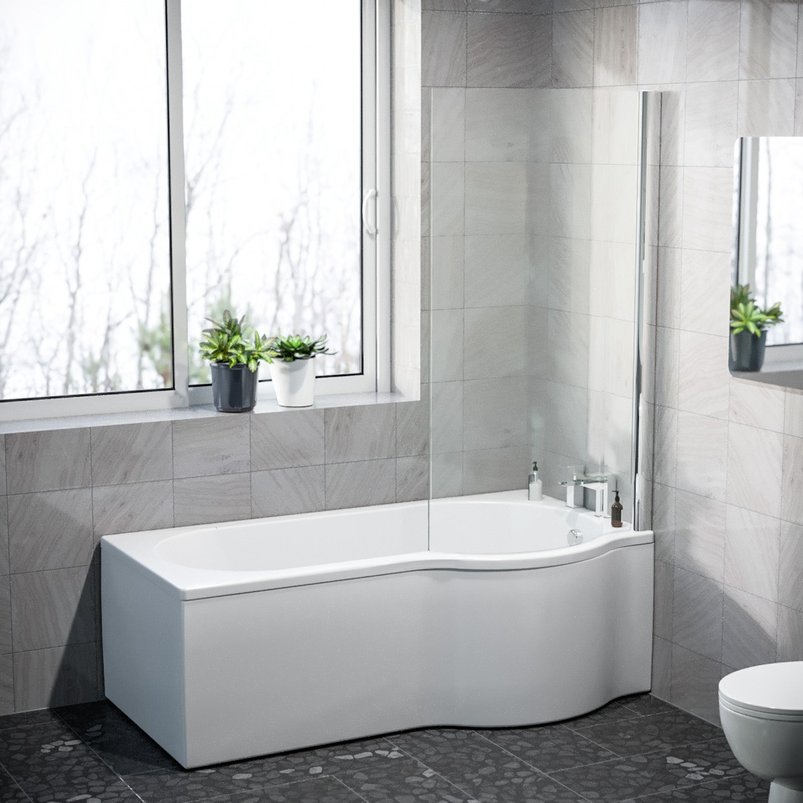 P Shaped RH 1600mm Curved Shower Bath Acrylic Front Panel & Screen