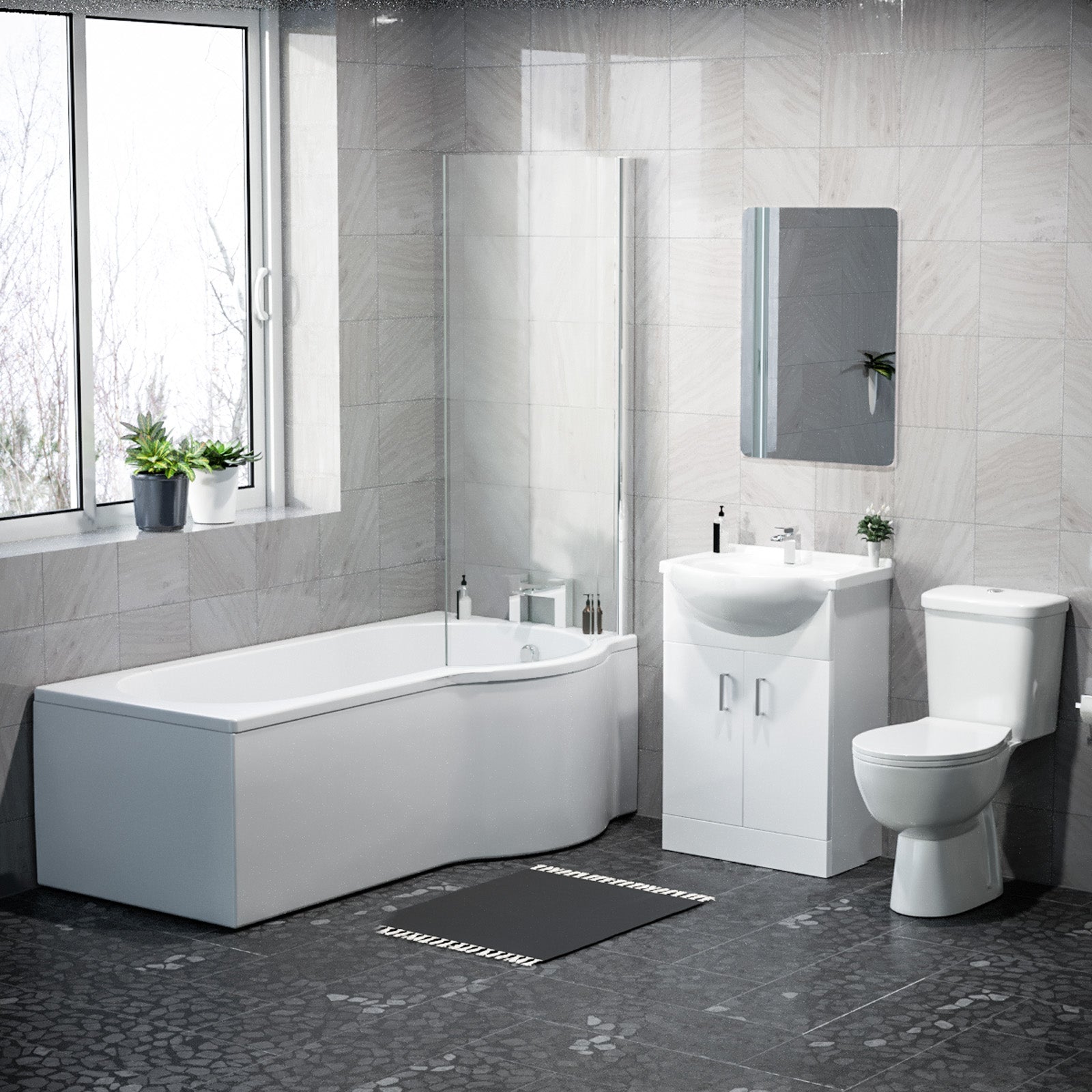 1600mm RH P Shaped Bathroom Suite, Front Panel & Screen With Vanity & Toilet