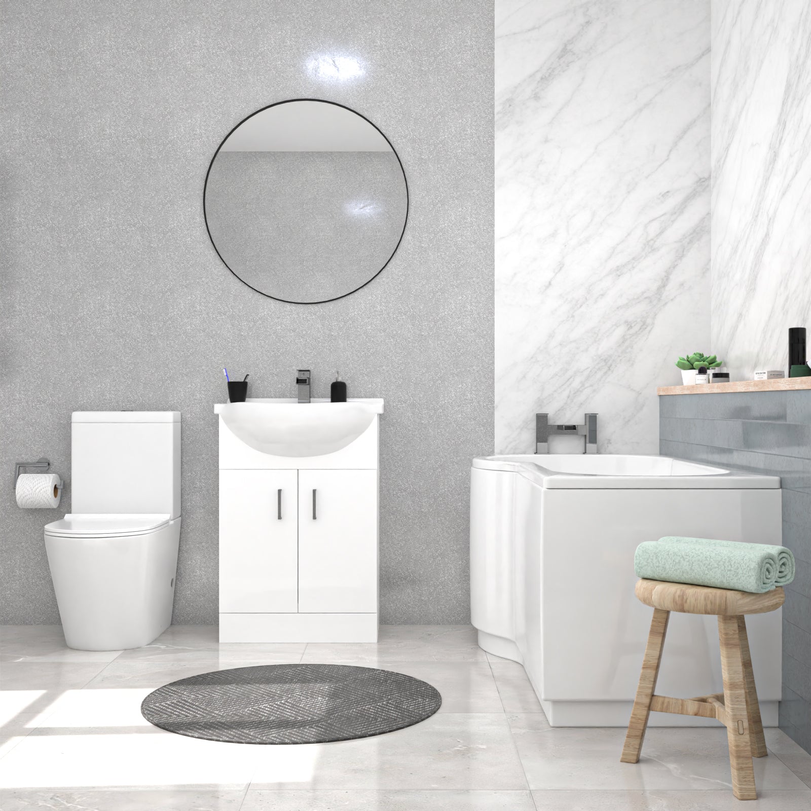 LH White P-Shaped Bath Suite WC Close Coupled Toilet Basin Vanity Unit