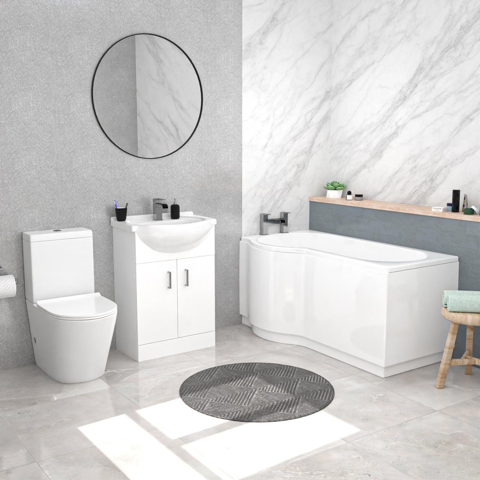 LH White P-Shaped Bath Suite WC Close Coupled Toilet Basin Vanity Unit