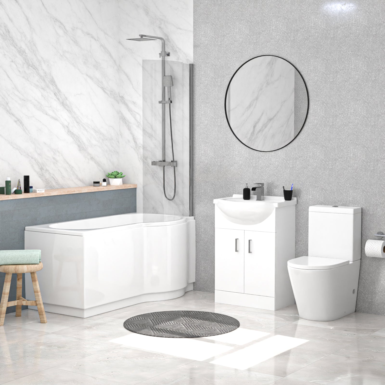 Ellen Right Hand P-Shaped Bath With Screen, Basin Vanity Unit & Close Coupled Toilet