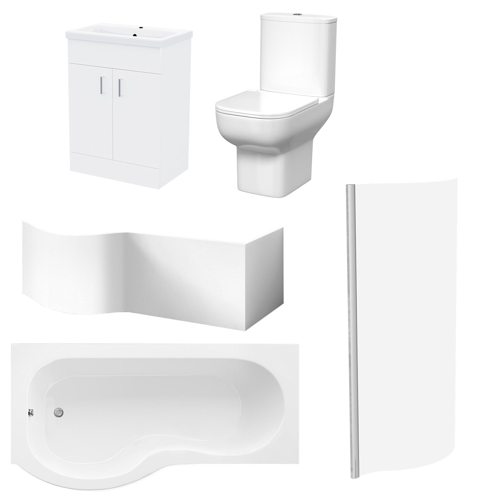 P-Shaped Left Hand Bath with Panel & Screen, 600mm Floor Standing Vanity with Toilet