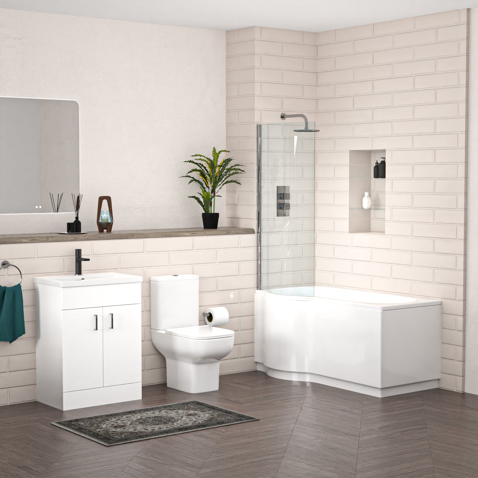 P-Shaped Left Hand Bath with Panel & Screen, 600mm Floor Standing Vanity with Toilet