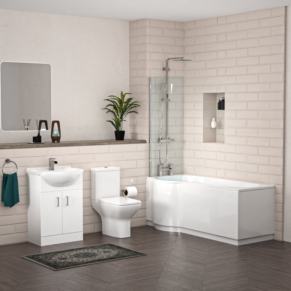 P-Shaped Left Hand Bath Set, Screen, Rimless Toilet, 550mm Freestanding Vanity, Taps & Shower