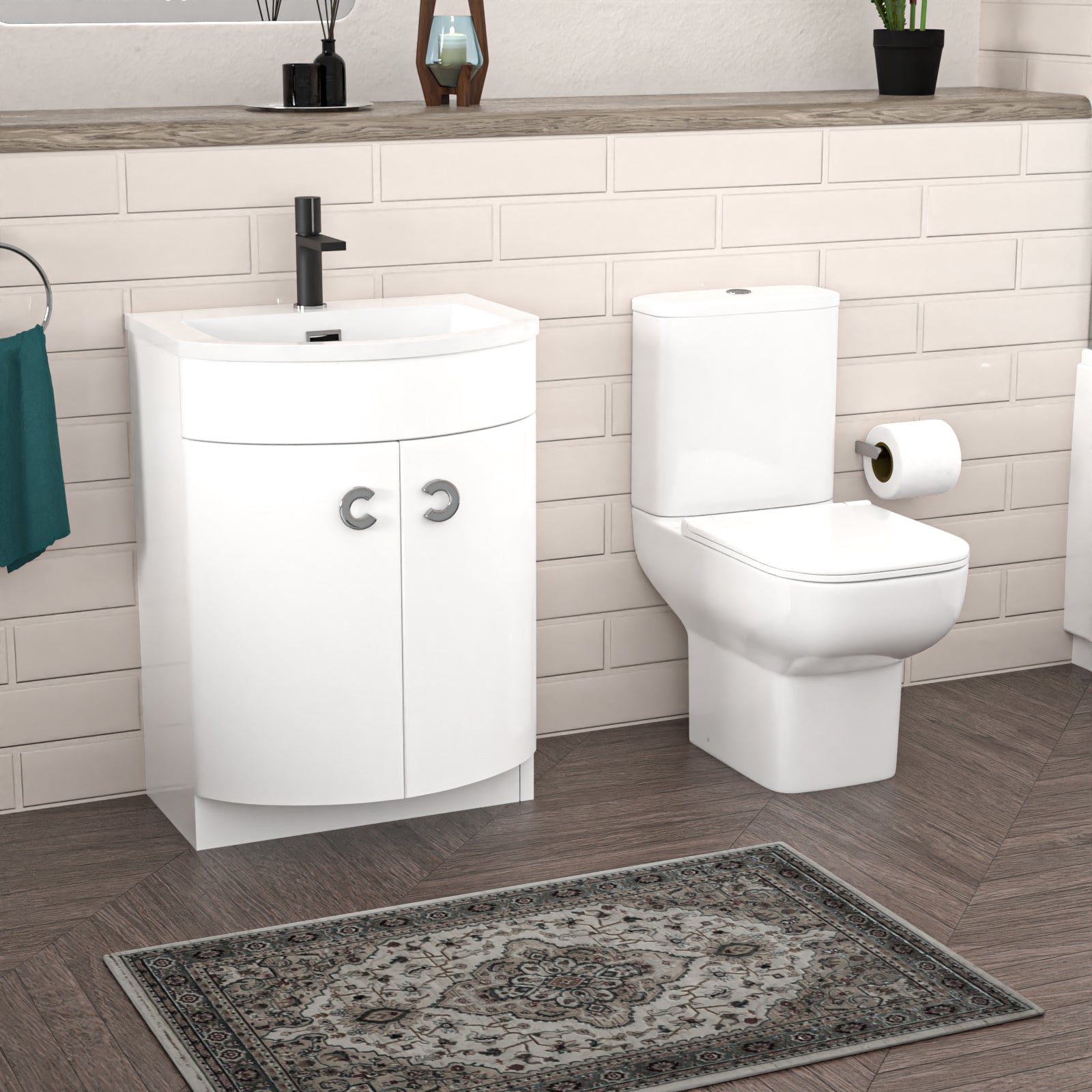 P-Shaped Left Hand Bath, Panel, Bath Screen with 600mm Freestanding Vanity & Toilet Set