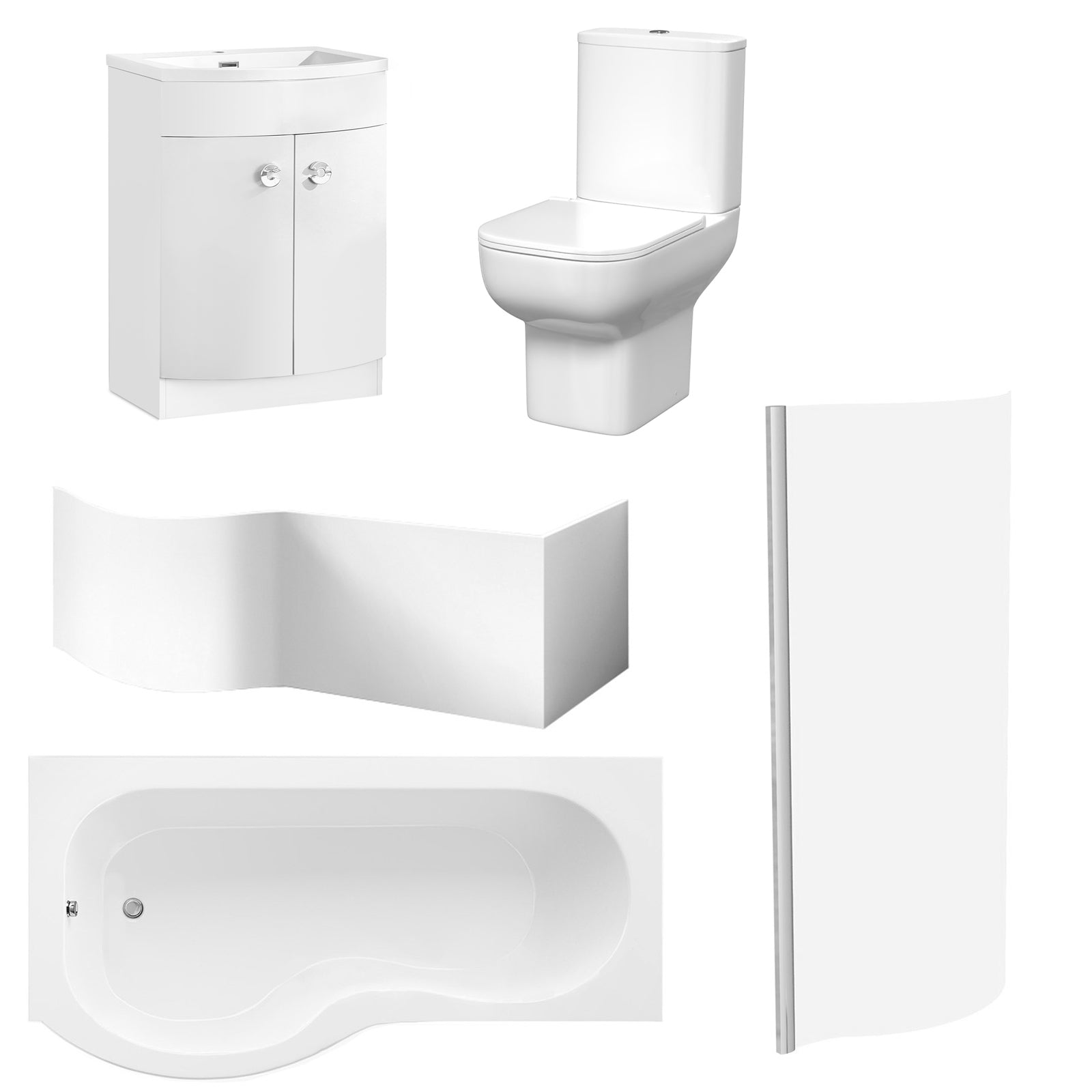 P-Shaped Left Hand Bath, Panel, Bath Screen with 600mm Freestanding Vanity & Toilet Set