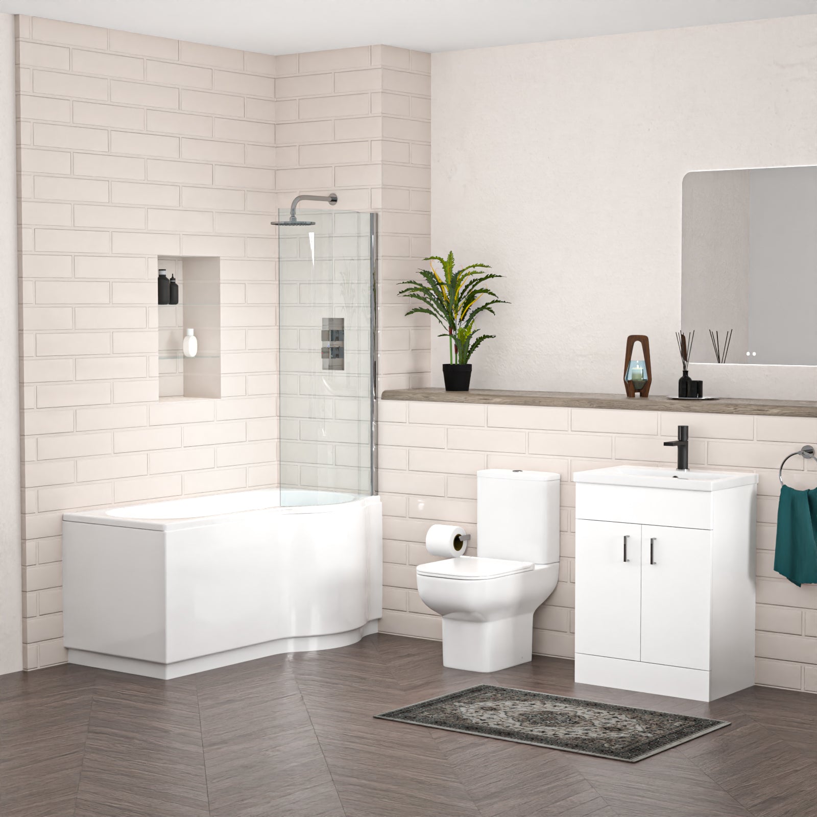 P-Shaped Right Hand Bath Set, Panel, Bath Screen, CC Toilet, 600mm Freestanding Vanity