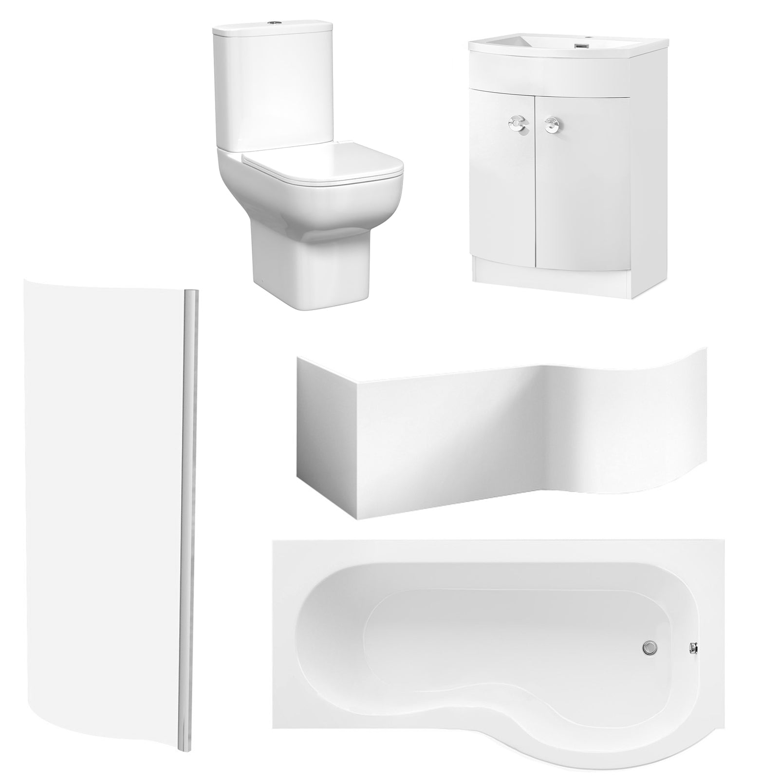 P-Shaped Right Hand Bath Set, Panel, Screen, 600mm Floorstanding Vanity with Toilet