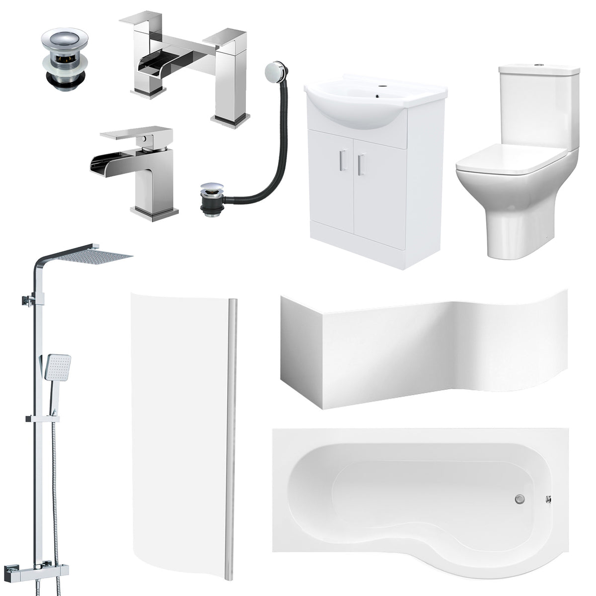 P-Shaped Right Hand Bath Set, Screen, Rimless Toilet, 550mm Freestanding Vanity, Taps & Shower