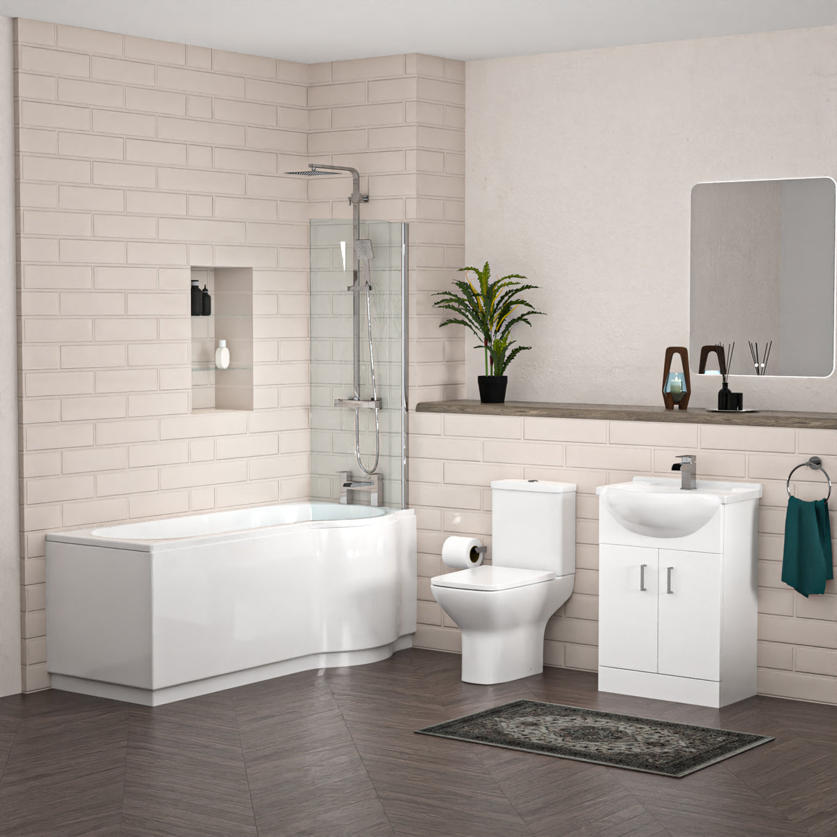 P-Shaped Right Hand Bath Set, Screen, Rimless Toilet, 550mm Freestanding Vanity, Taps & Shower