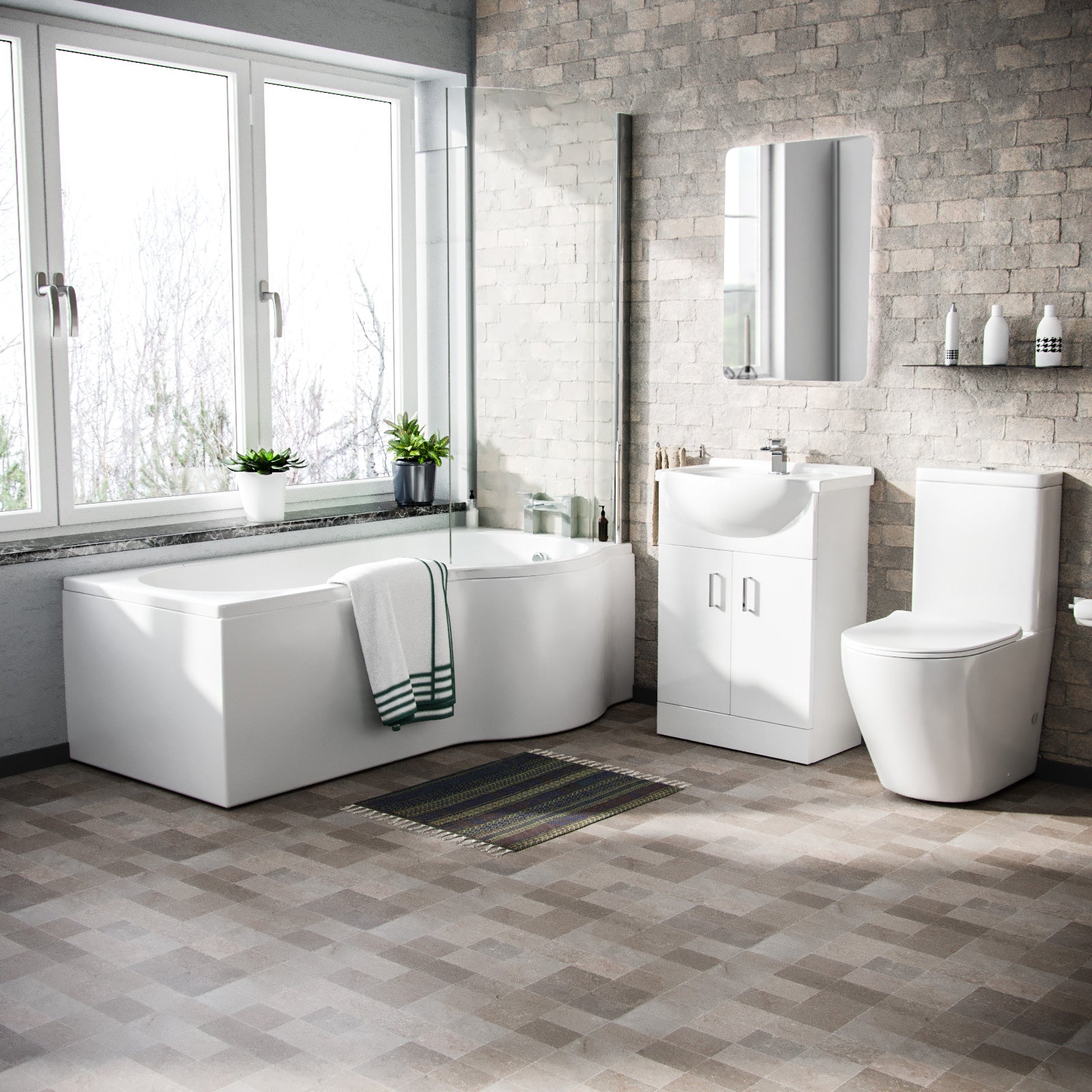 Ellen P-Shaped RH Bath 550mm Floor Vanity Unit & Curved Toilet Suite