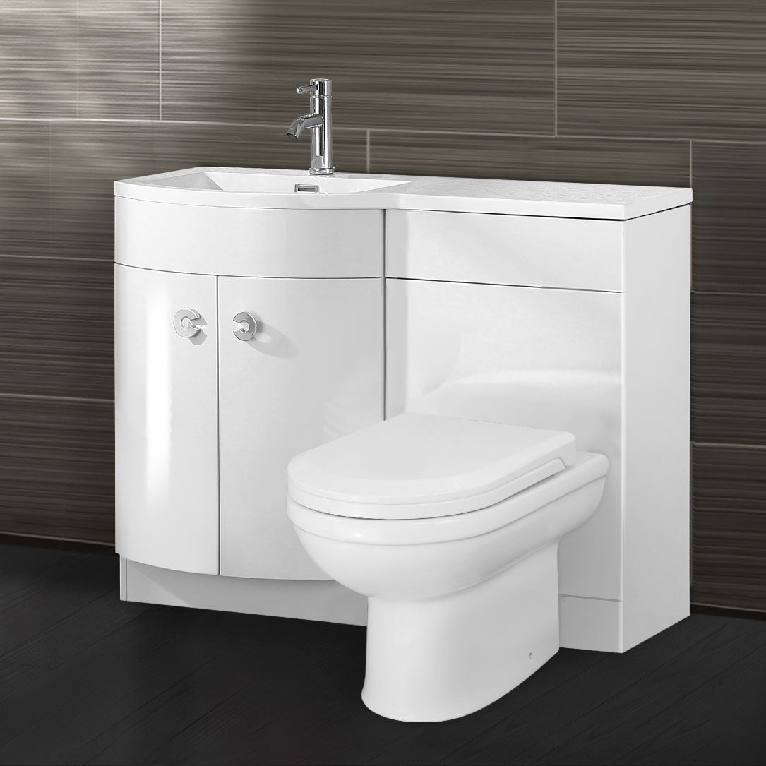 Dene 1100 mm P Shape Bathroom LH Vanity Suite Unit BTW Toilet White Square