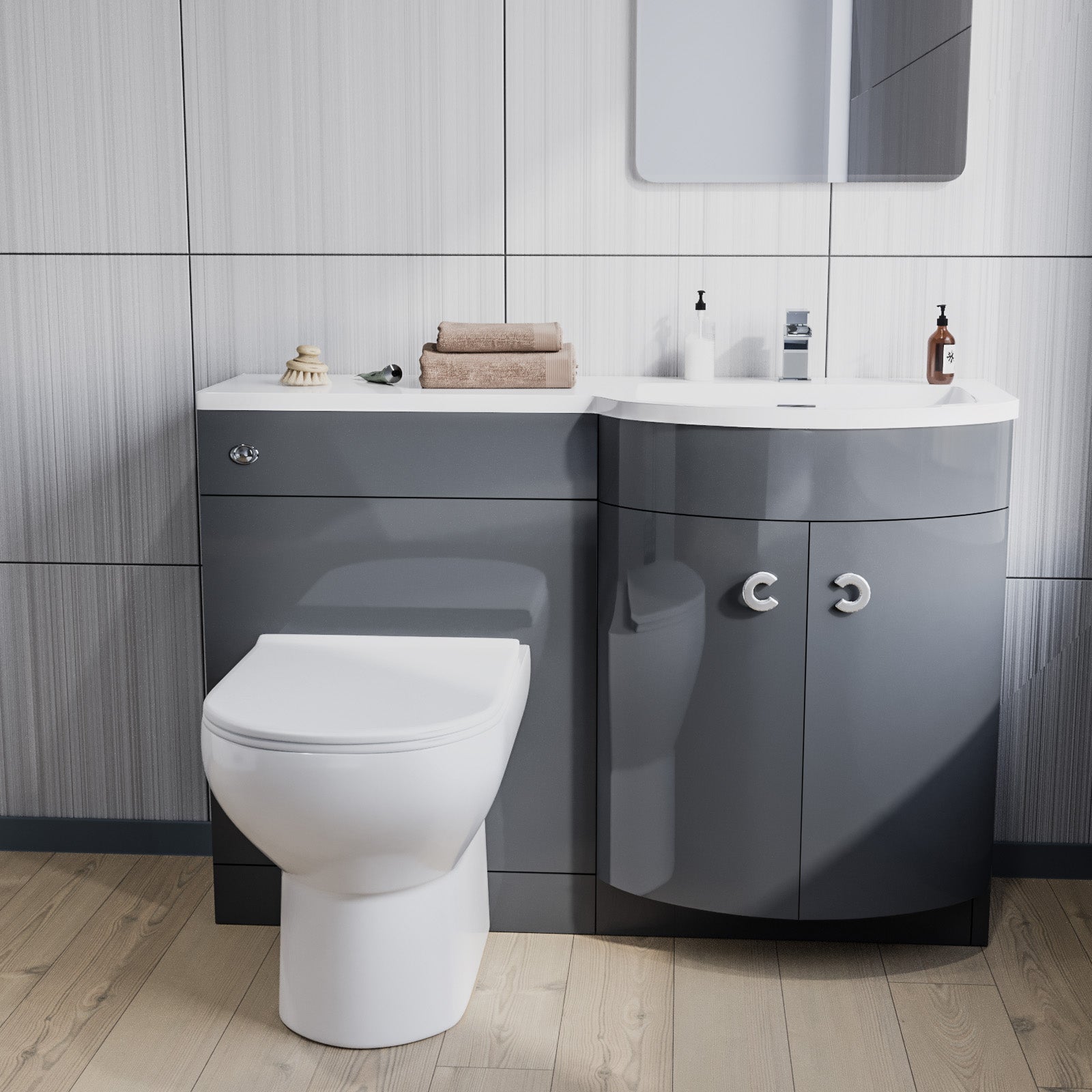 Dene 1100mm Right Hand Basin Combination Vanity Unit, WC unit, Back To Wall Toilet Grey