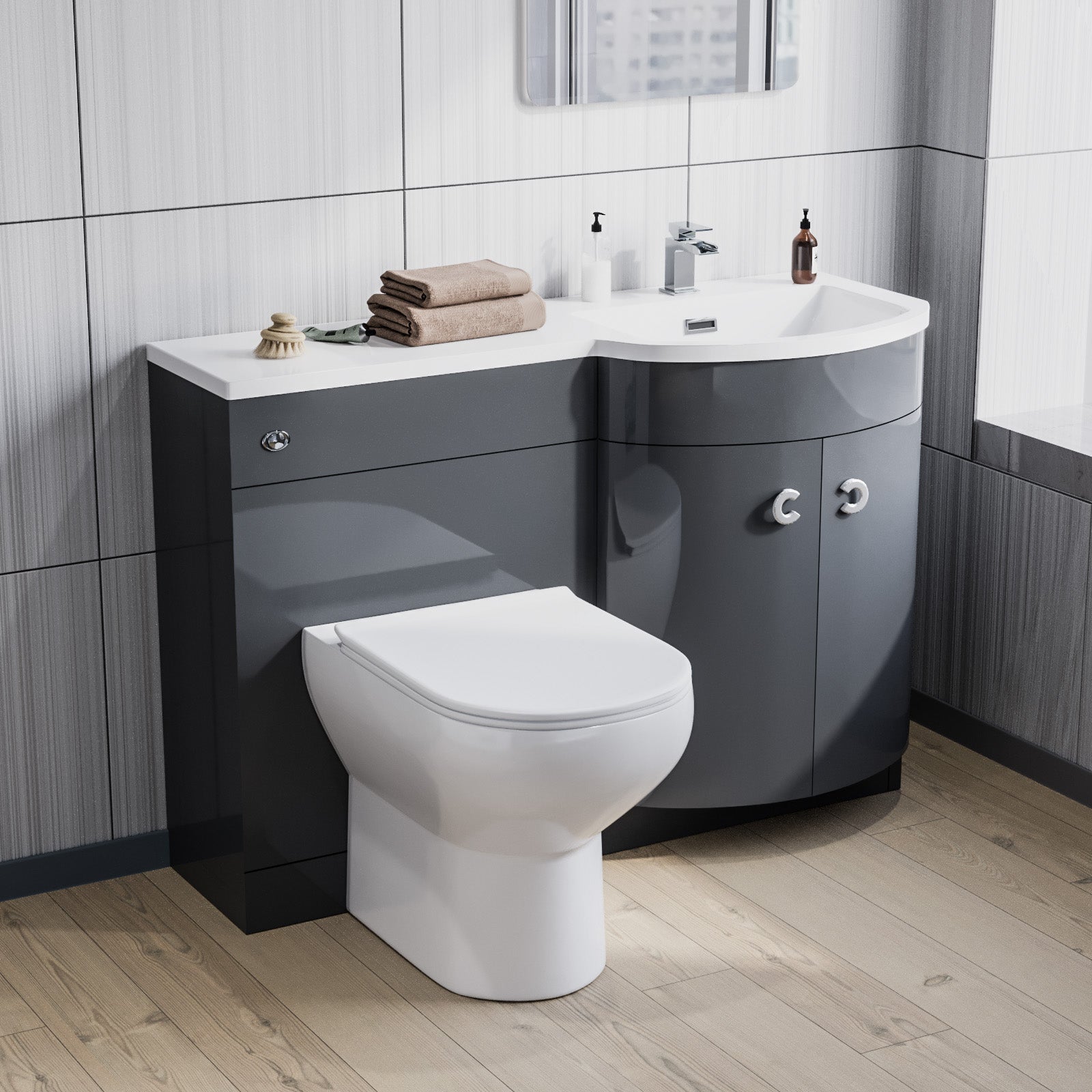Dene 1100mm Right Hand Basin Combination Vanity Unit, WC unit, Back To Wall Toilet Grey
