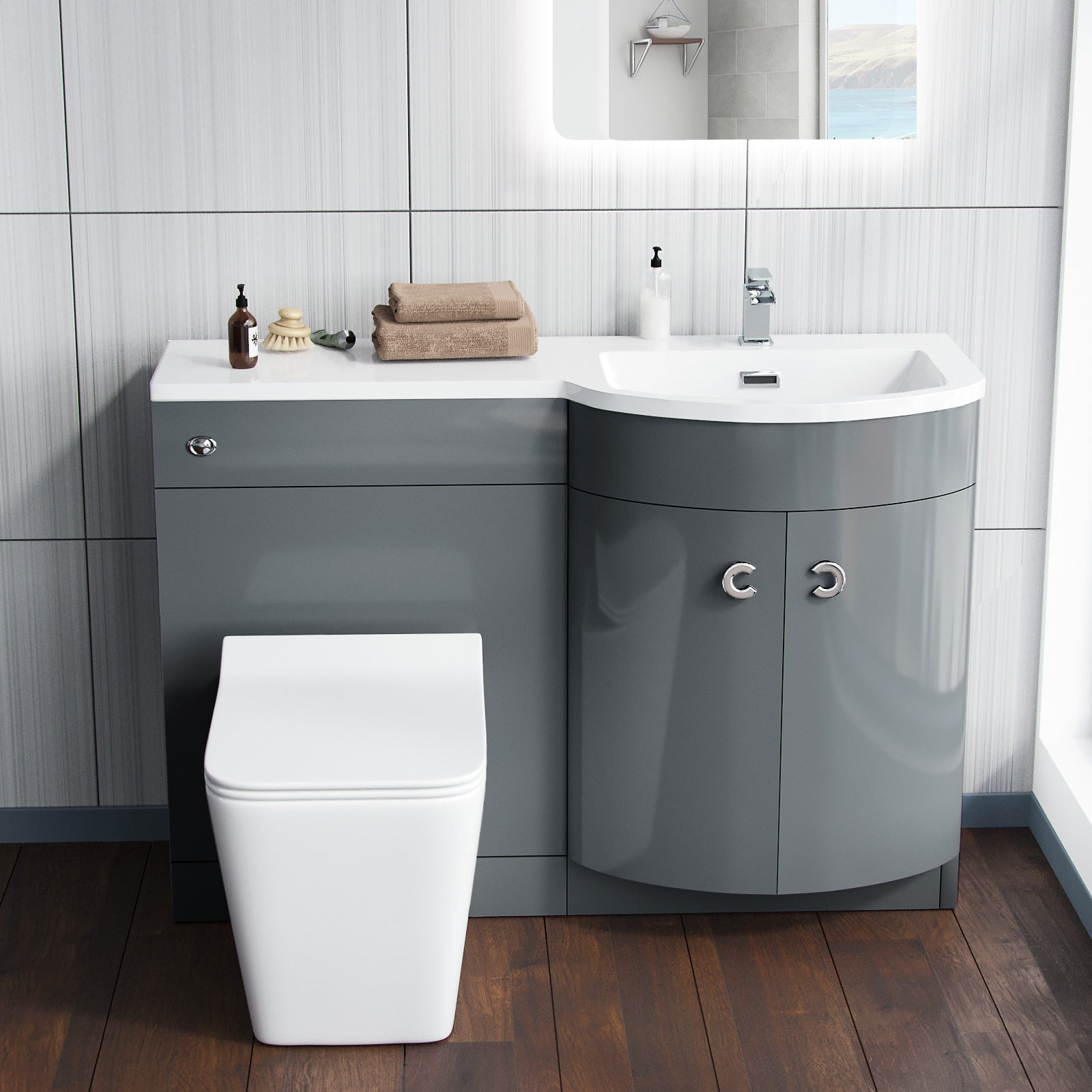 Dene Grey 1100 mm RH Vanity Unit and Back To Wall WC Toilet Bathroom